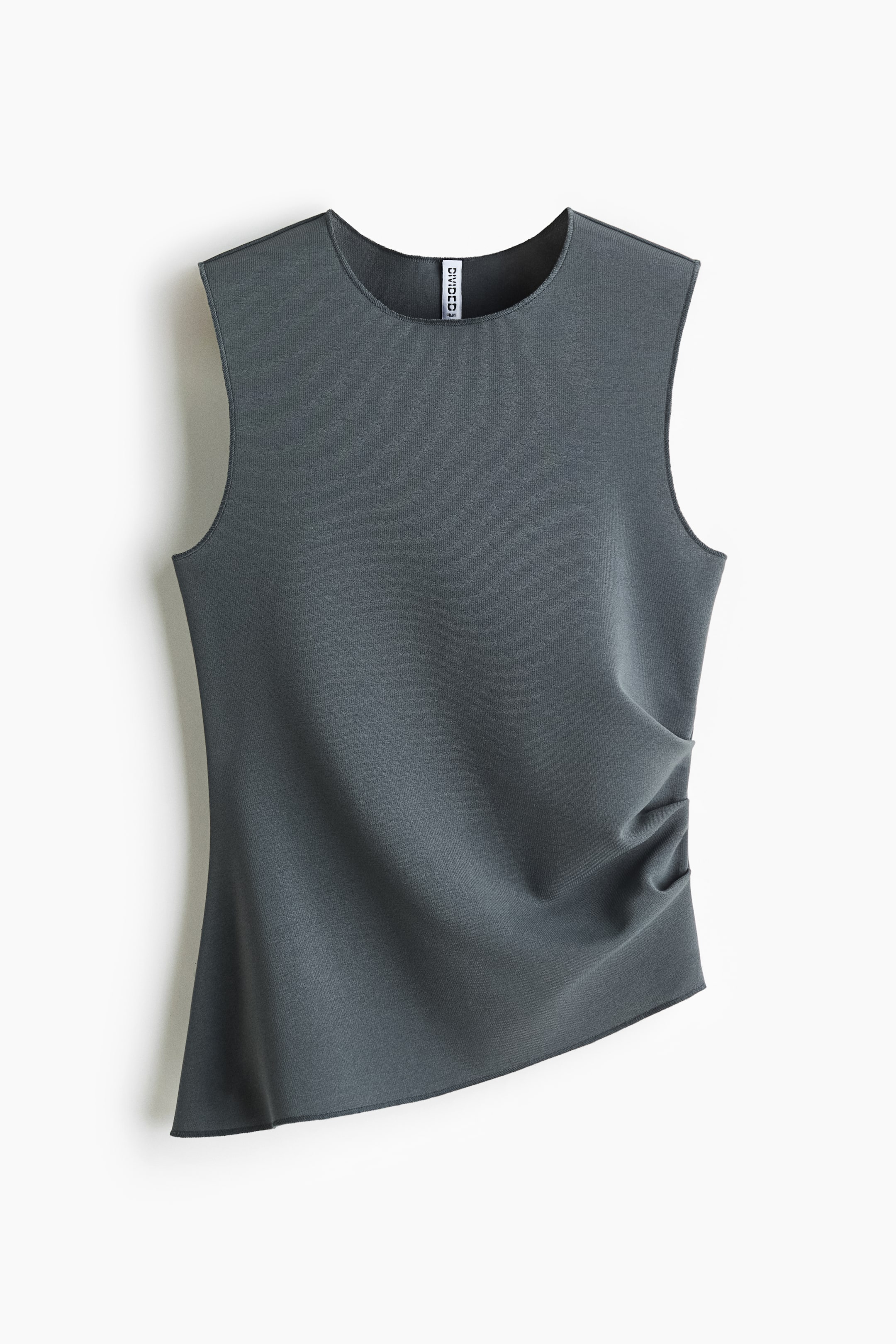 Xem ảnh lớn hơn: Một chiếc áo sát nách ôm vừa màu xám đậm bằng vải jersey dày, được trưng bày hướng về phía trước, có cổ tròn, xếp ly gom về phía bên phải và vạt áo bất đối xứng.