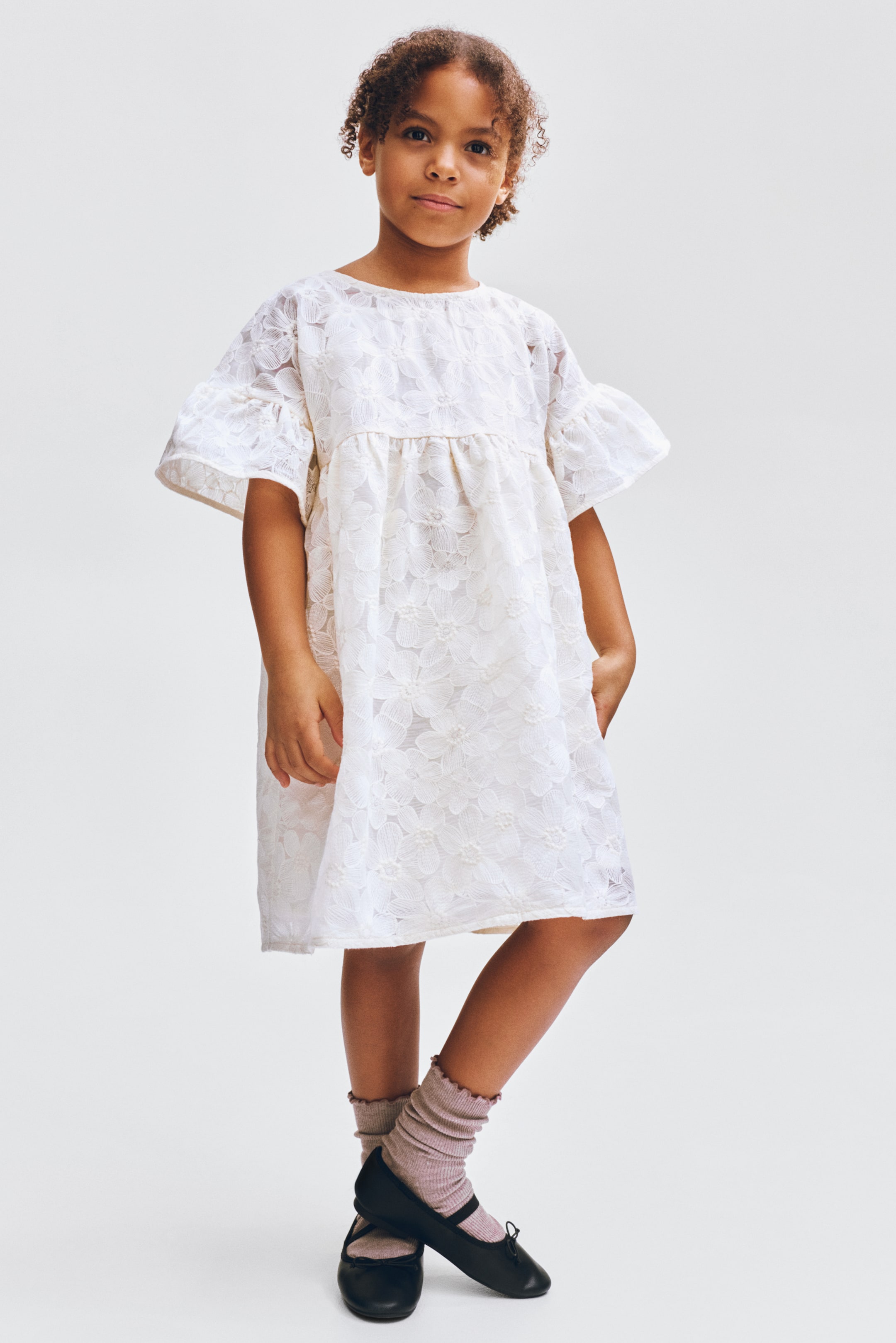 Embroidered Flutter-Sleeved Dress