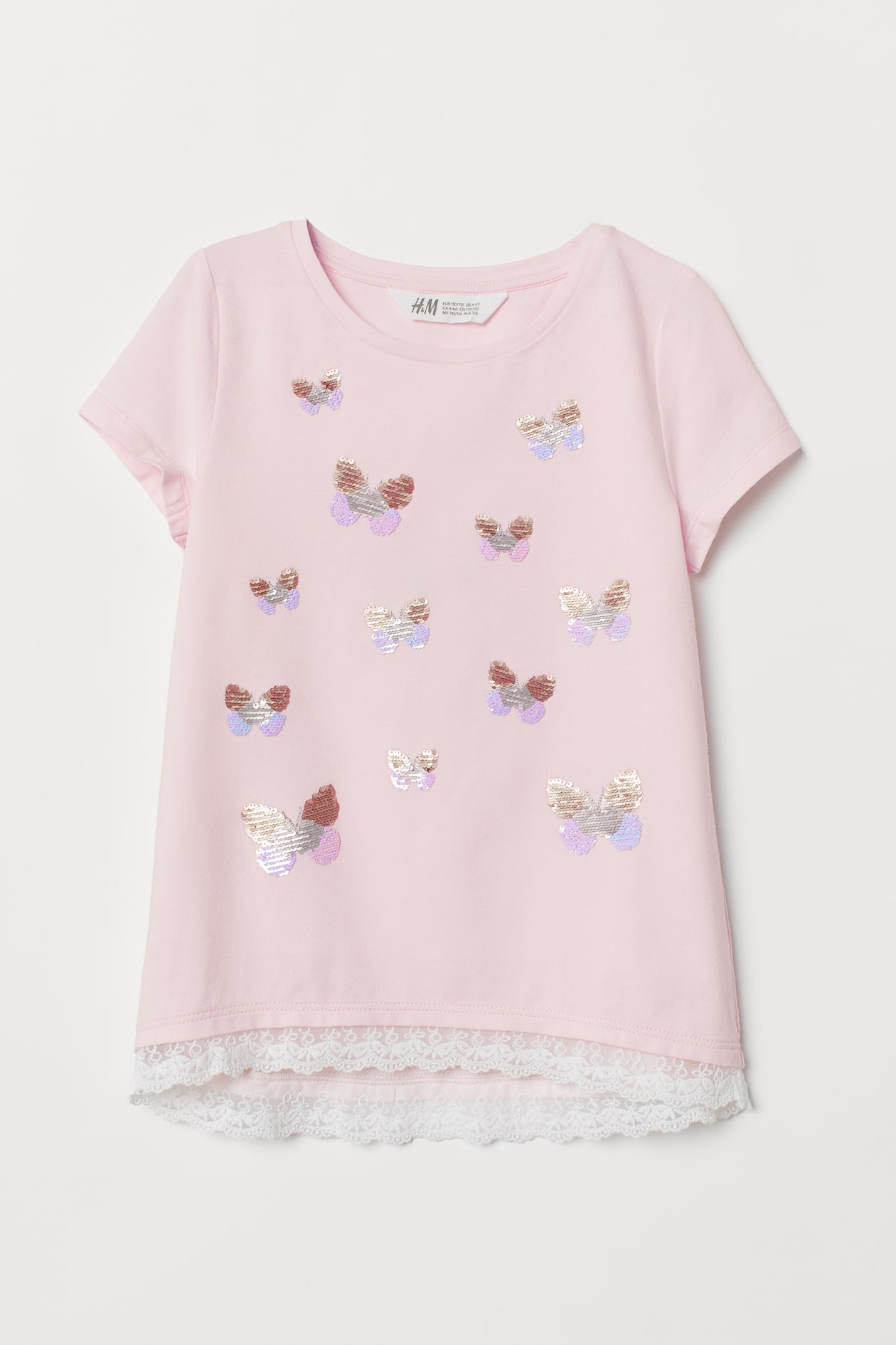 Top with reversible sequins - Short sleeve - Light pink/Butterflies ...