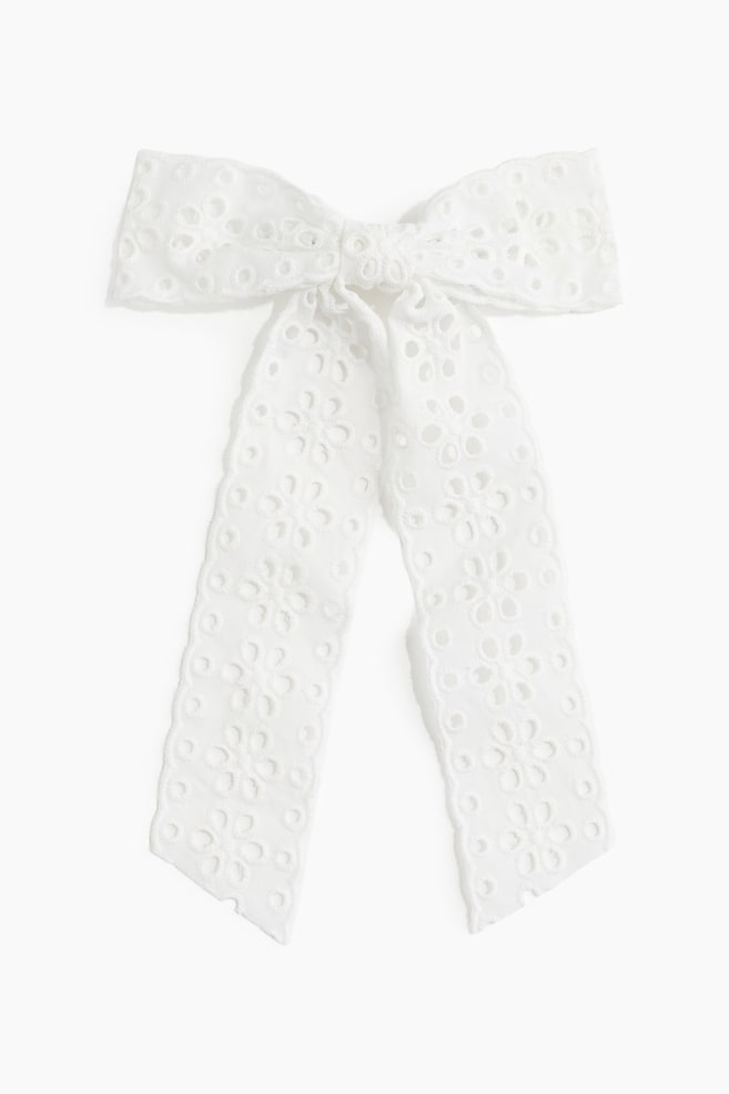 Eyelet-Embroidered Bow Hair Clip - White - 1
