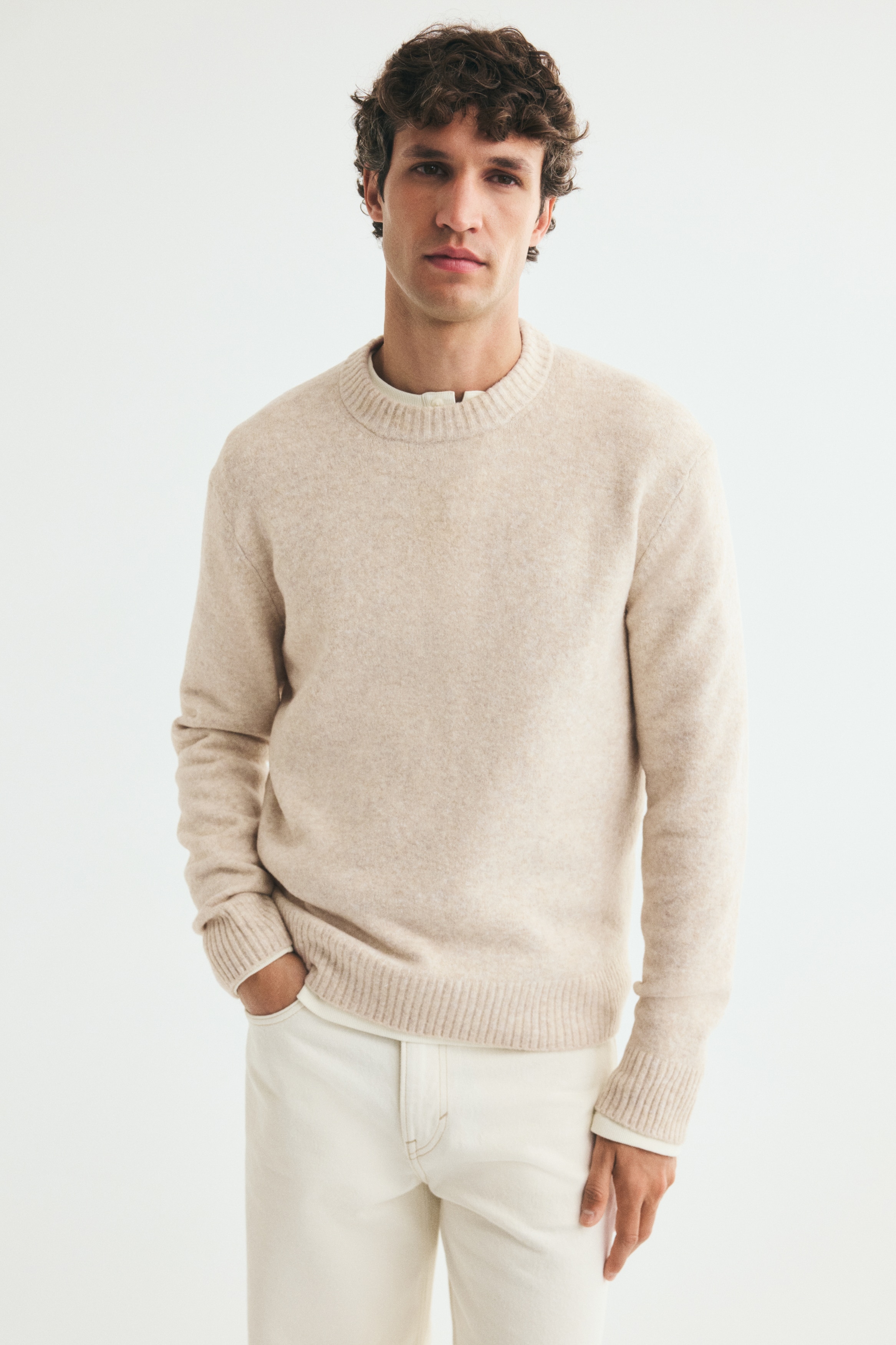 A light beige sweater showcases a subtle speckled texture, a ribbed crew neck, long sleeves, and ribbed cuffs and hem, presented from the front.