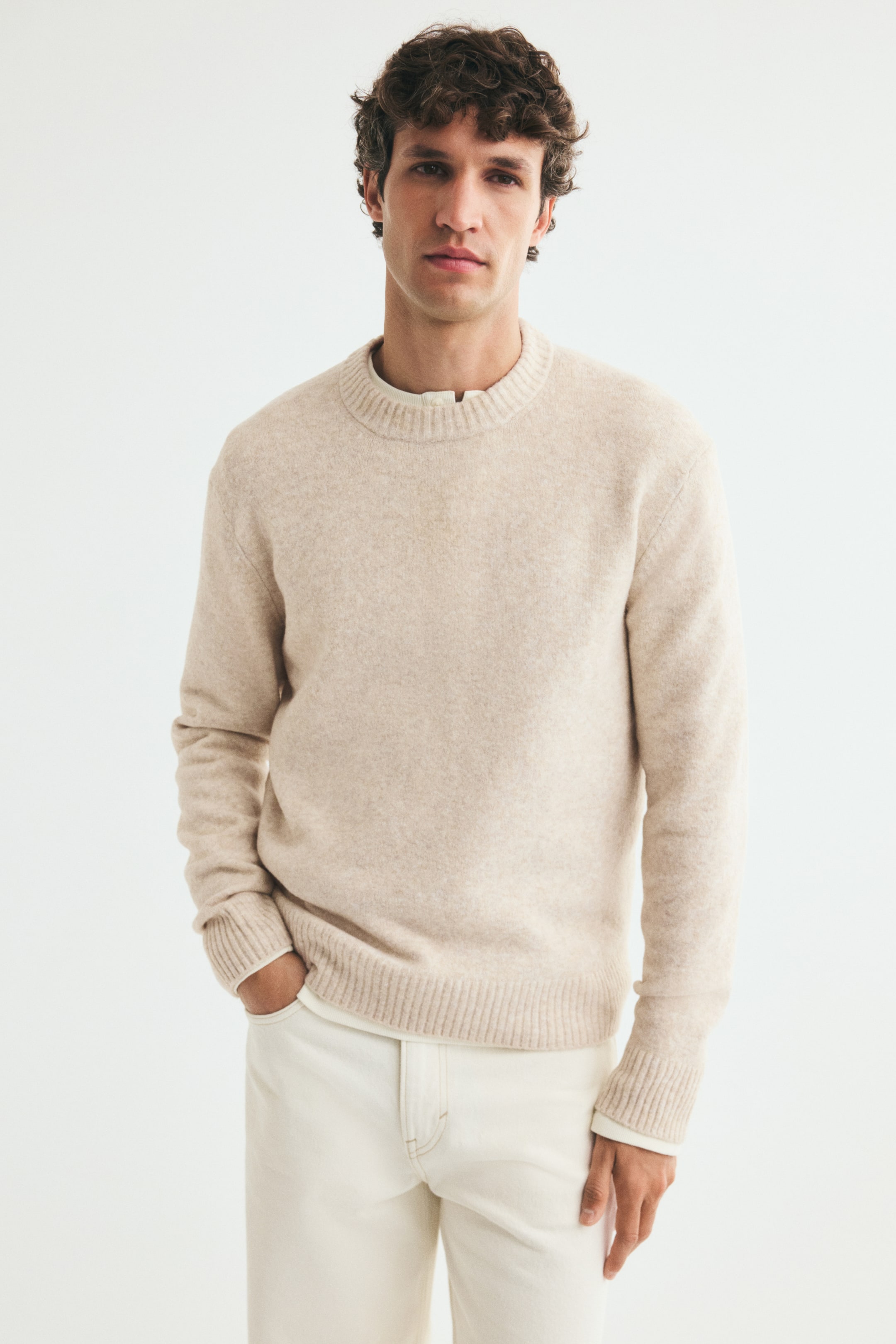 View larger image: A light beige crew-neck sweater in a soft, brushed knit is being worn by the model, who is posing with one hand in the pocket of off-white pants. The sweater features a regular fit with a ribbed round neckline, ribbed cuffs, and a ribbed hem.