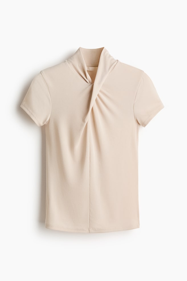 Short-Sleeved Twist-Detail Top - Light beige/Black/Light dusty blue - 1