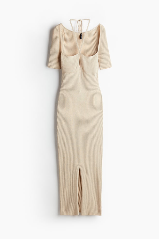 Robe en maille côtelée avec détail à nouer - Beige clair chiné/Marron foncé chiné - 1