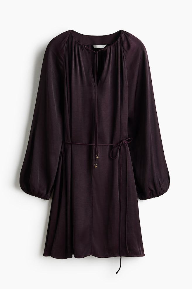 Balloon-Sleeved Tie-Belt Dress - Dark purple - 1