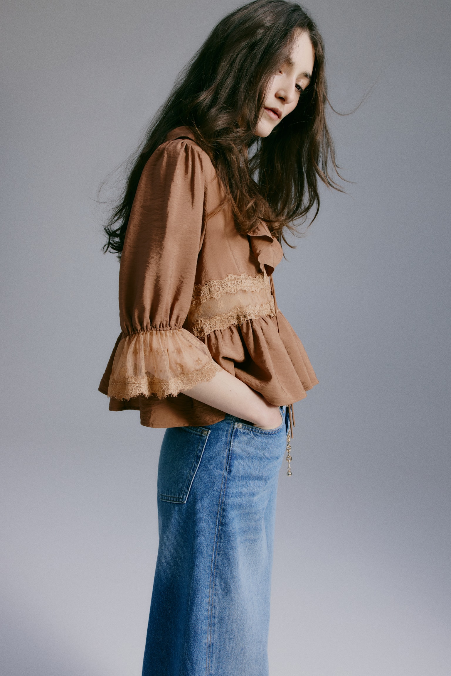 Lace-detail blouse - Brown/Light beige - 6