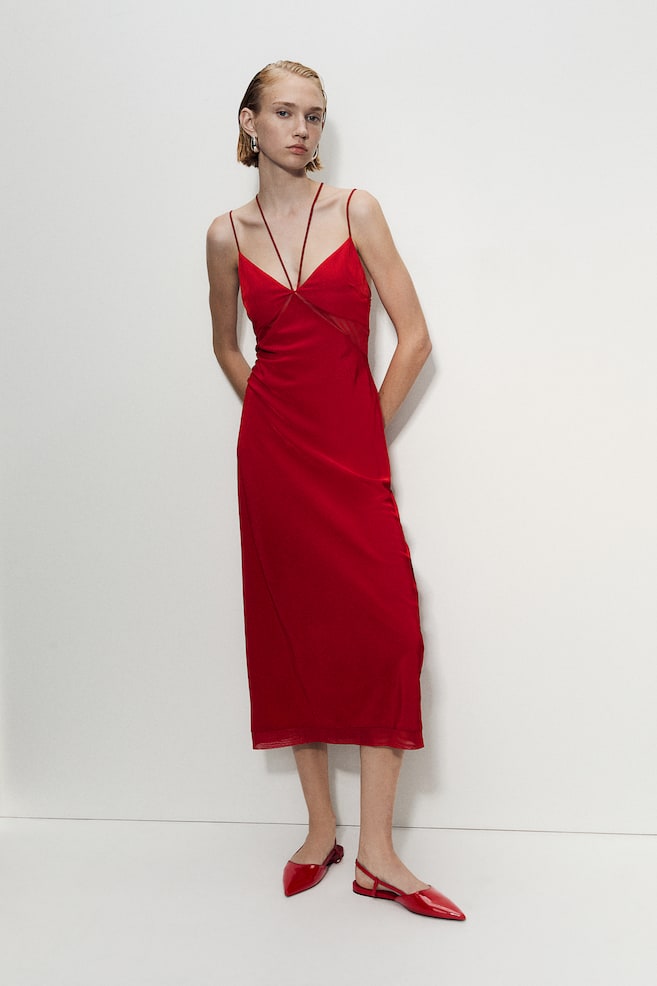 Sukienka na ramiączkach z siateczkowym detalem - Czerwony - 3