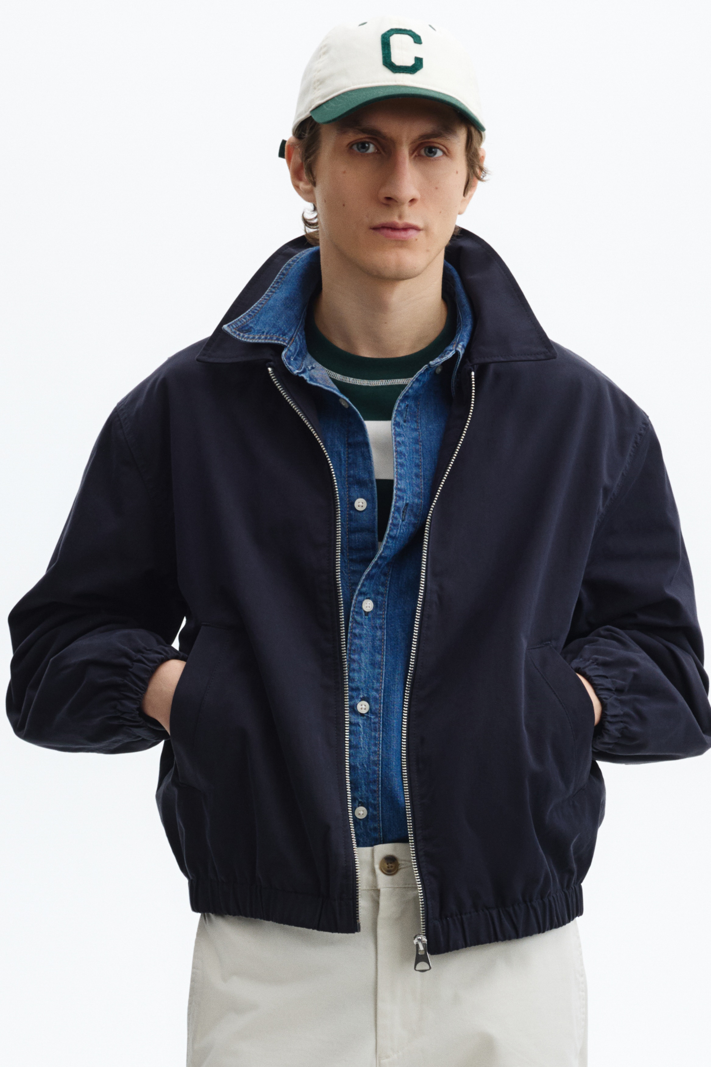 Giacca in cotone con colletto - Blu navy/Beige/Nero