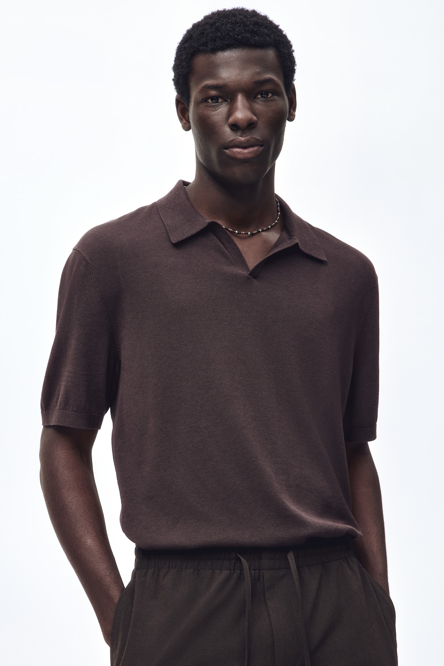 Regular Fit Silk-blend polo shirt - Dark brown/Black/Light beige/Blue - 1
