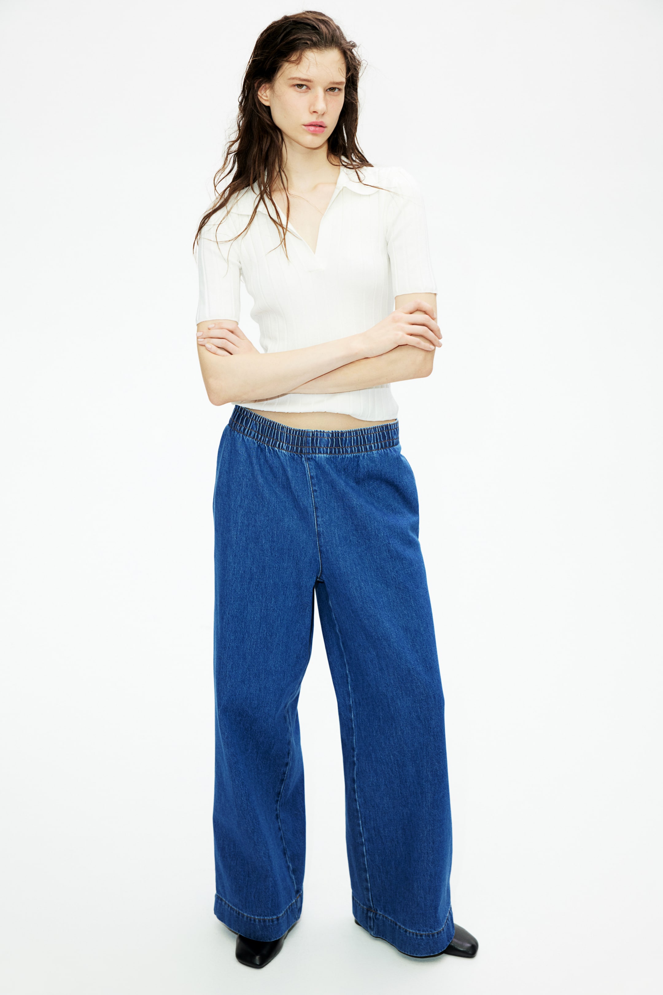 Pull-on denim trousers