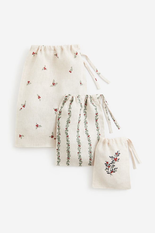 3-pack linen gift bags - Light beige/Mistletoe - 1