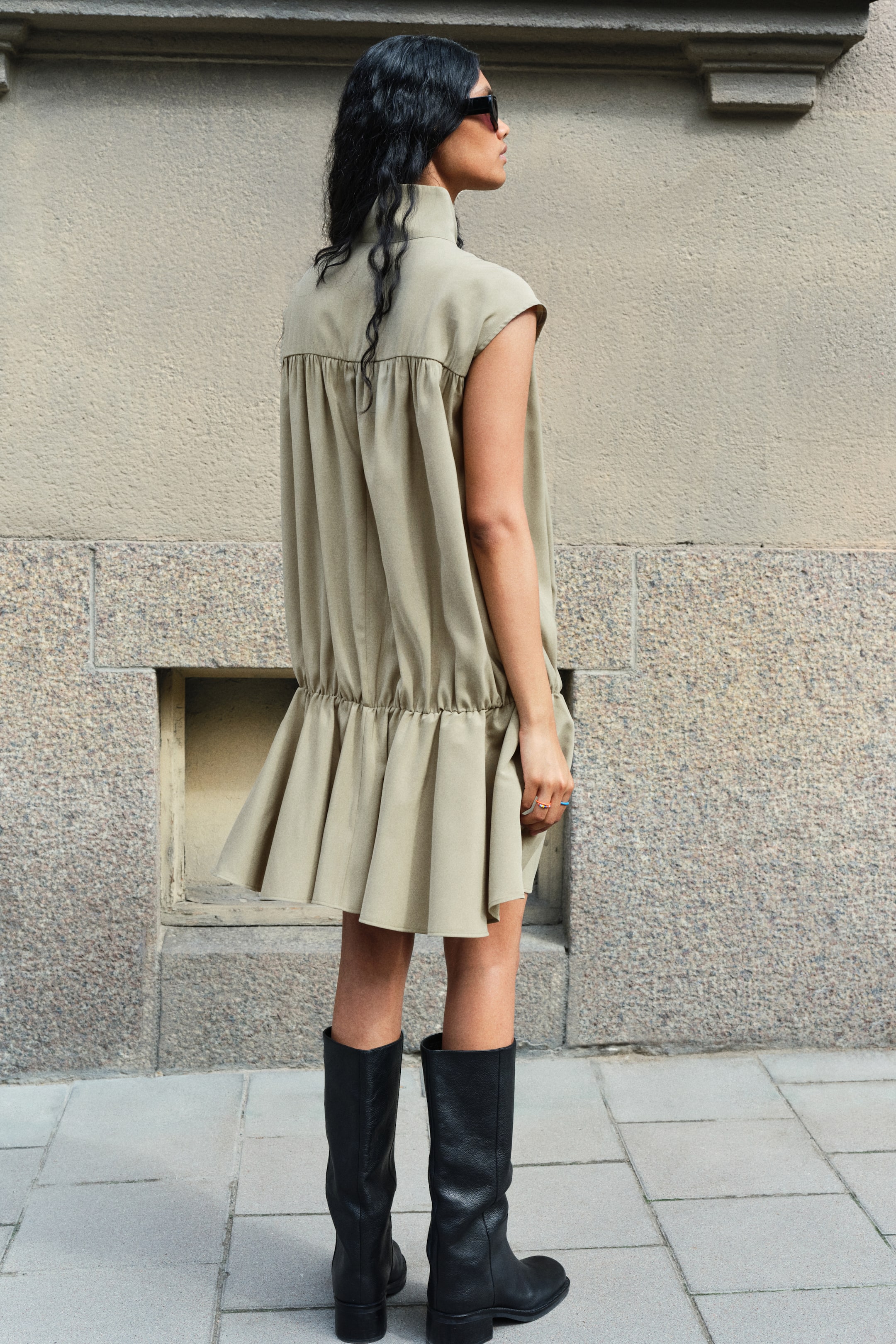 Button-Detail Dress with Flared Skirt