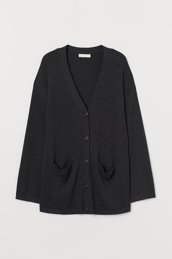 Rib-knit cardigan - V-neck - Long sleeve - Dark grey marl - Ladies | H&M GB