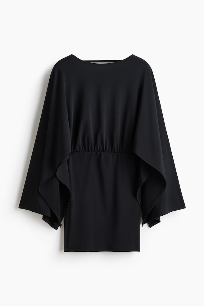 Cape-sleeved fine-knit dress - Black/Yellow-green - 1
