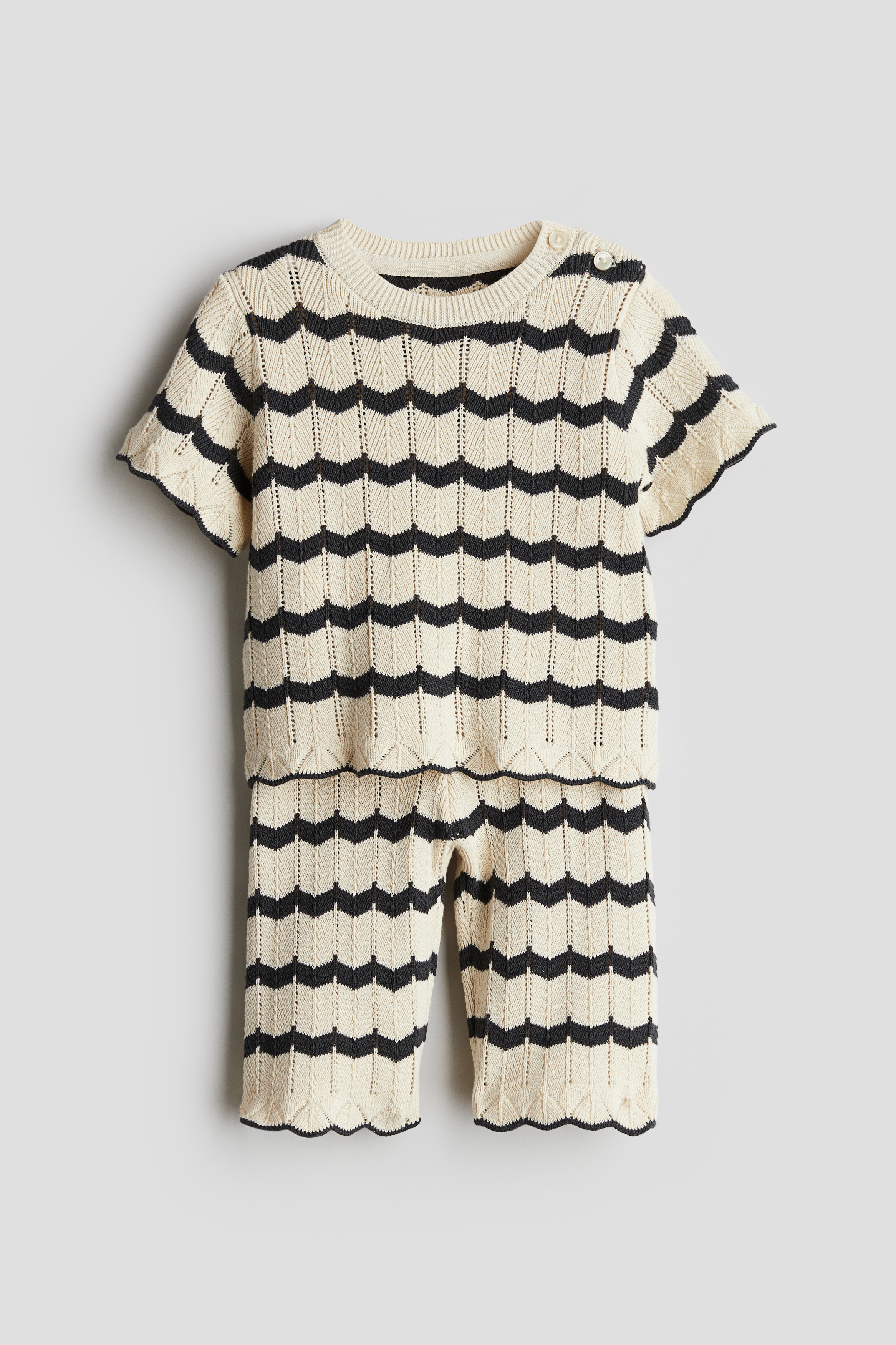 2件組棉質網紗花式鉤織套裝 - 淺米色/條紋/淺米色/粉紅色條紋/淺米色/條紋/淺咖啡色