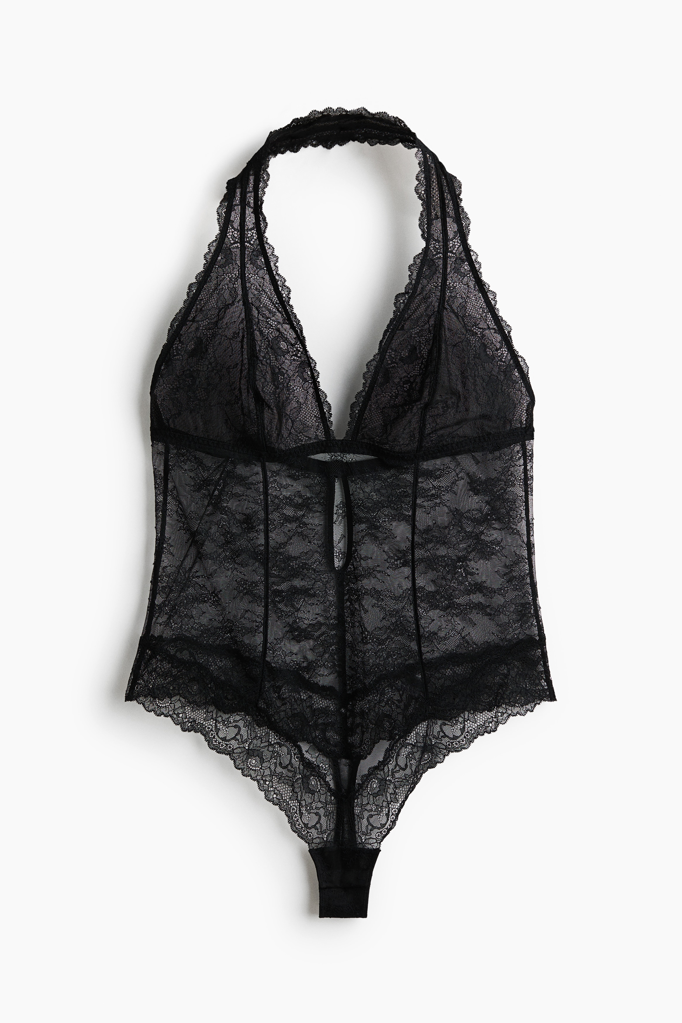 Halterneck lace thong body - Black