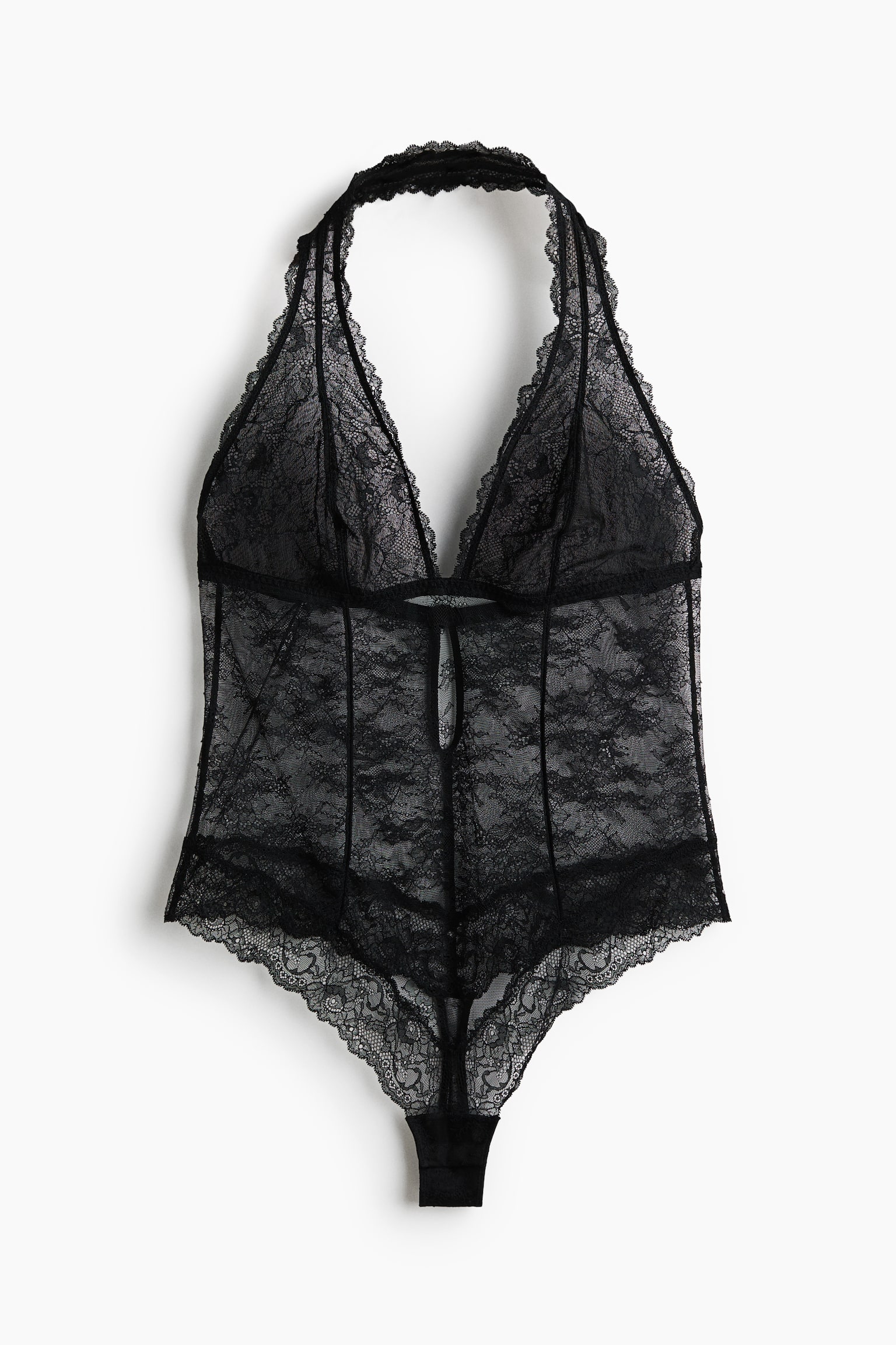 Halterneck lace thong body - Black - 1