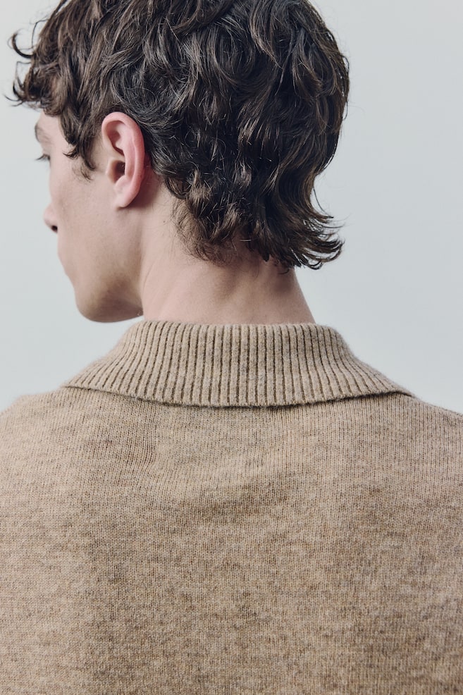 Wool-Blend Polo Sweater-Beige melange - 4