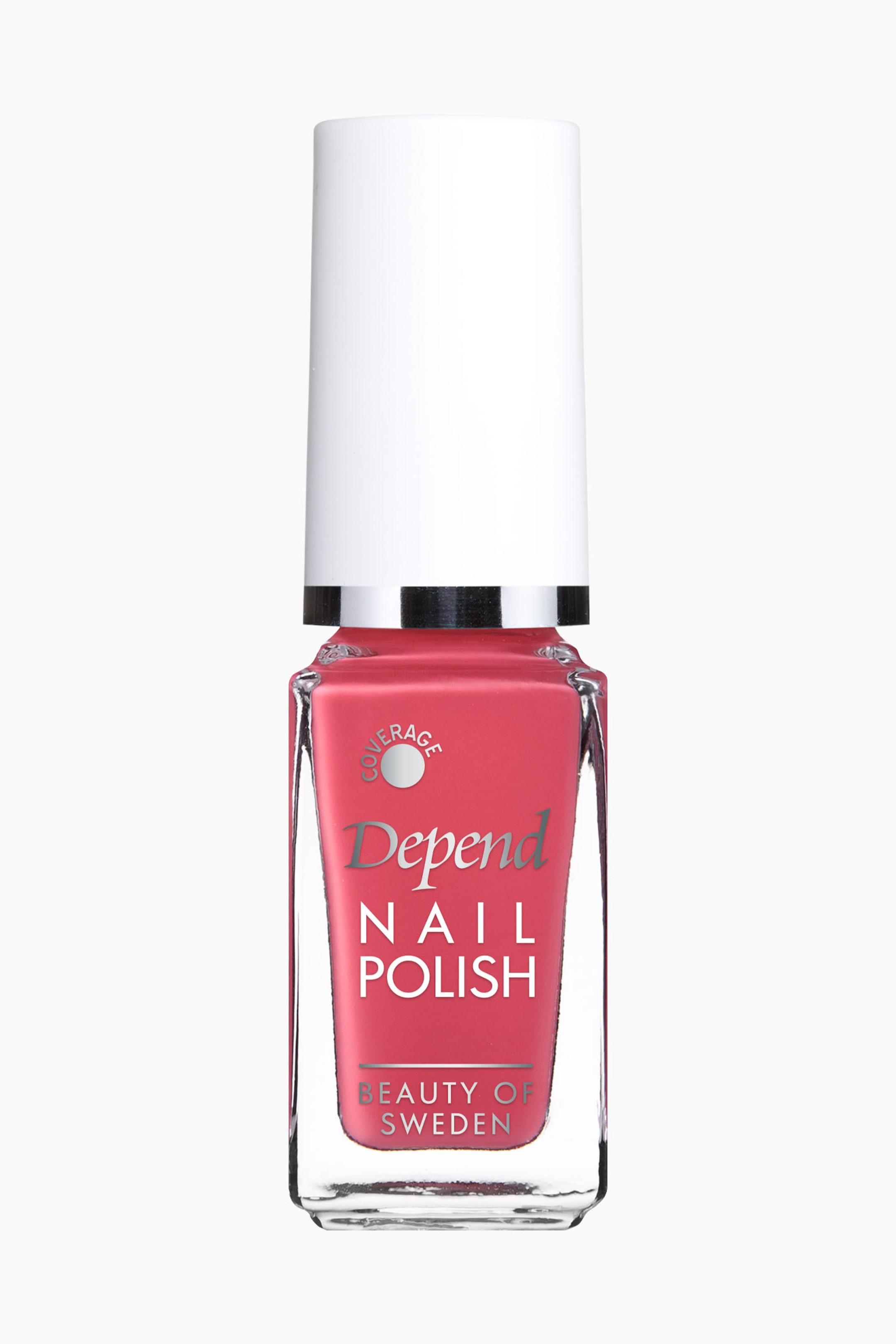 Visa större bild: En Depend nagellacksflaska står upprätt, vänd framåt. Den klara glasflaskan innehåller ett korallrosa lack, med en hög vit cylindrisk kork, ett silverband och silverbokstäver för "Depend NAIL POLISH" och "BEAUTY OF SWEDEN", tillsammans med en "COVERAGE"-punkt.