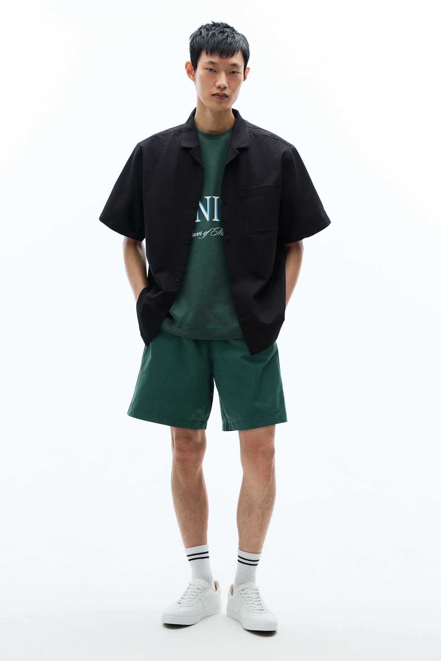 Loose Fit Textured resort shirt - Navy blue/Green/White - 2