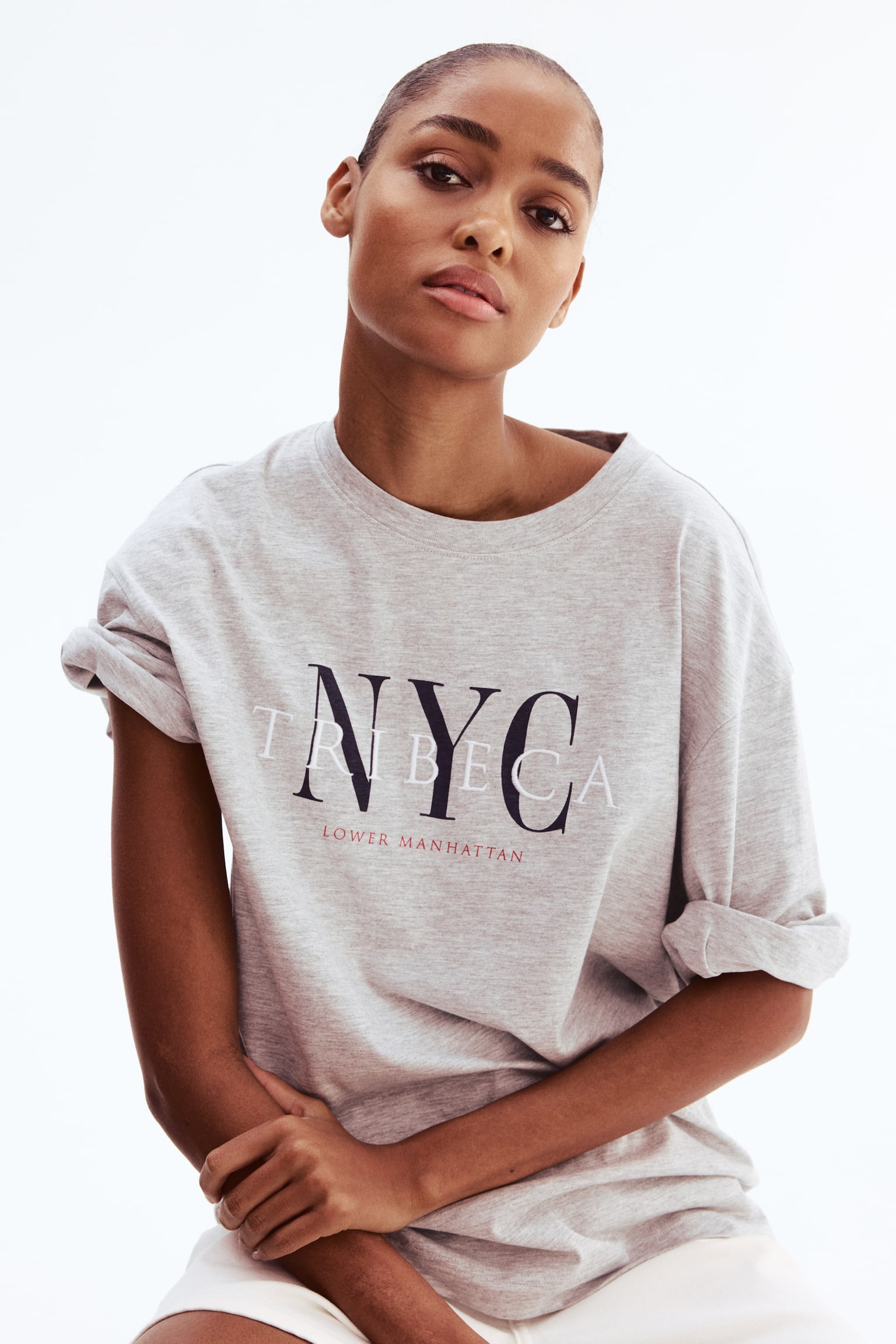 Oversized Cotton T-Shirt - Light gray melange/NYC/Light beige - 2