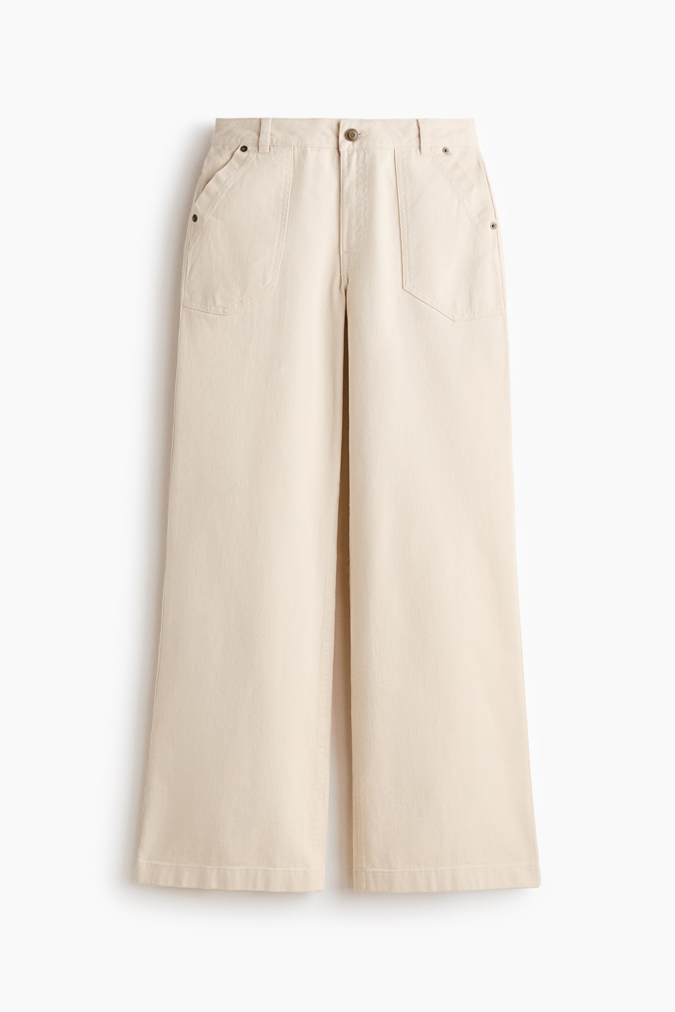 View larger image: These trousers boast a high waist, complemented by a zip fly and button closure. The front showcases patch side pockets and wide legs, offering both style and comfort.