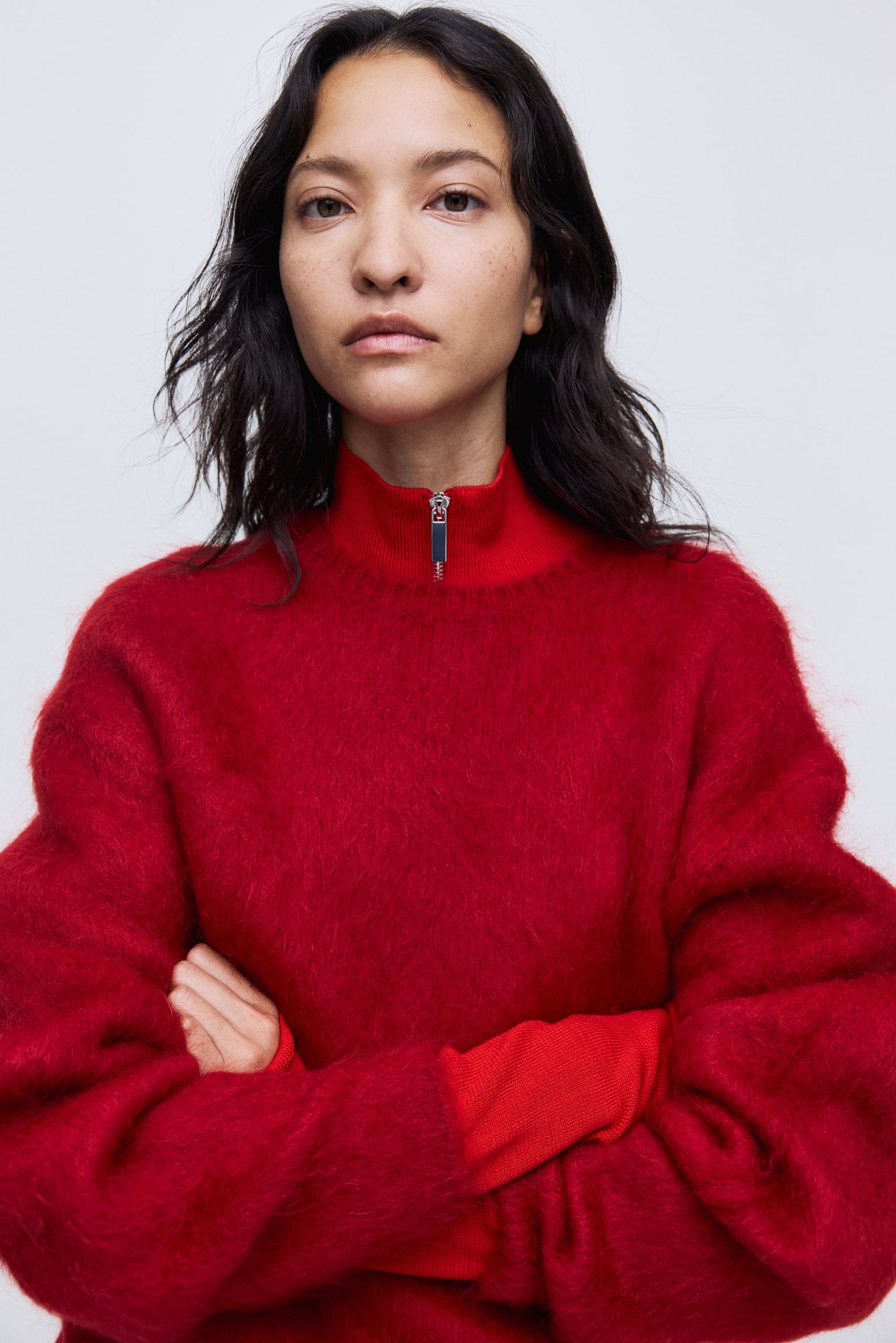 Пуловер от смес от мохер - Червен/Тъмнокафяв/Кремав/Сив меланж/Ментовозелен - 5