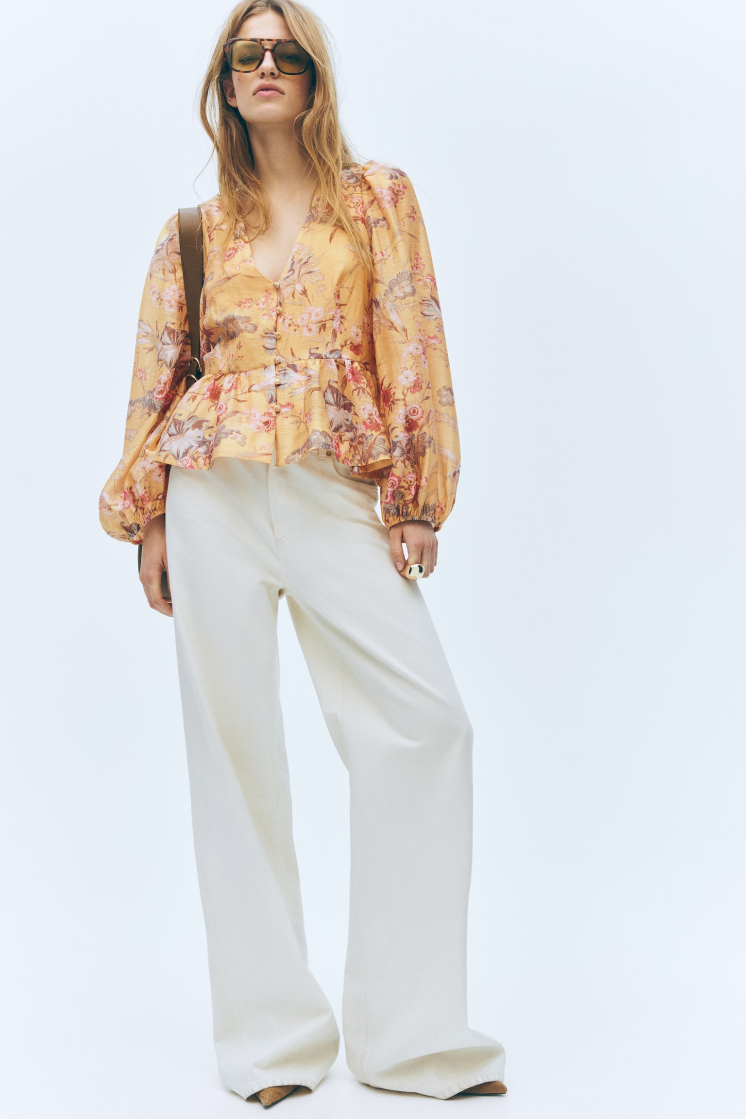 Linen-blend peplum blouse - Yellow/Floral/Black/Floral - 1