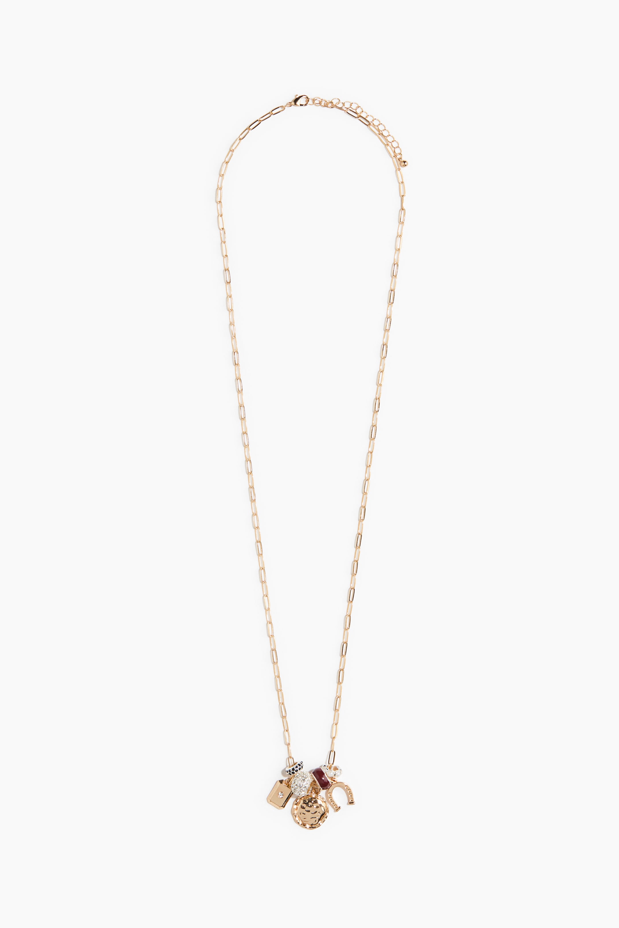 View larger image: A gold-toned paperclip chain necklace is hanging vertically, showcasing a cluster of charms at the bottom. The charms include a textured round disc, a small horseshoe, a miniature padlock, a burgundy bead, and a crystal-embellished bead.