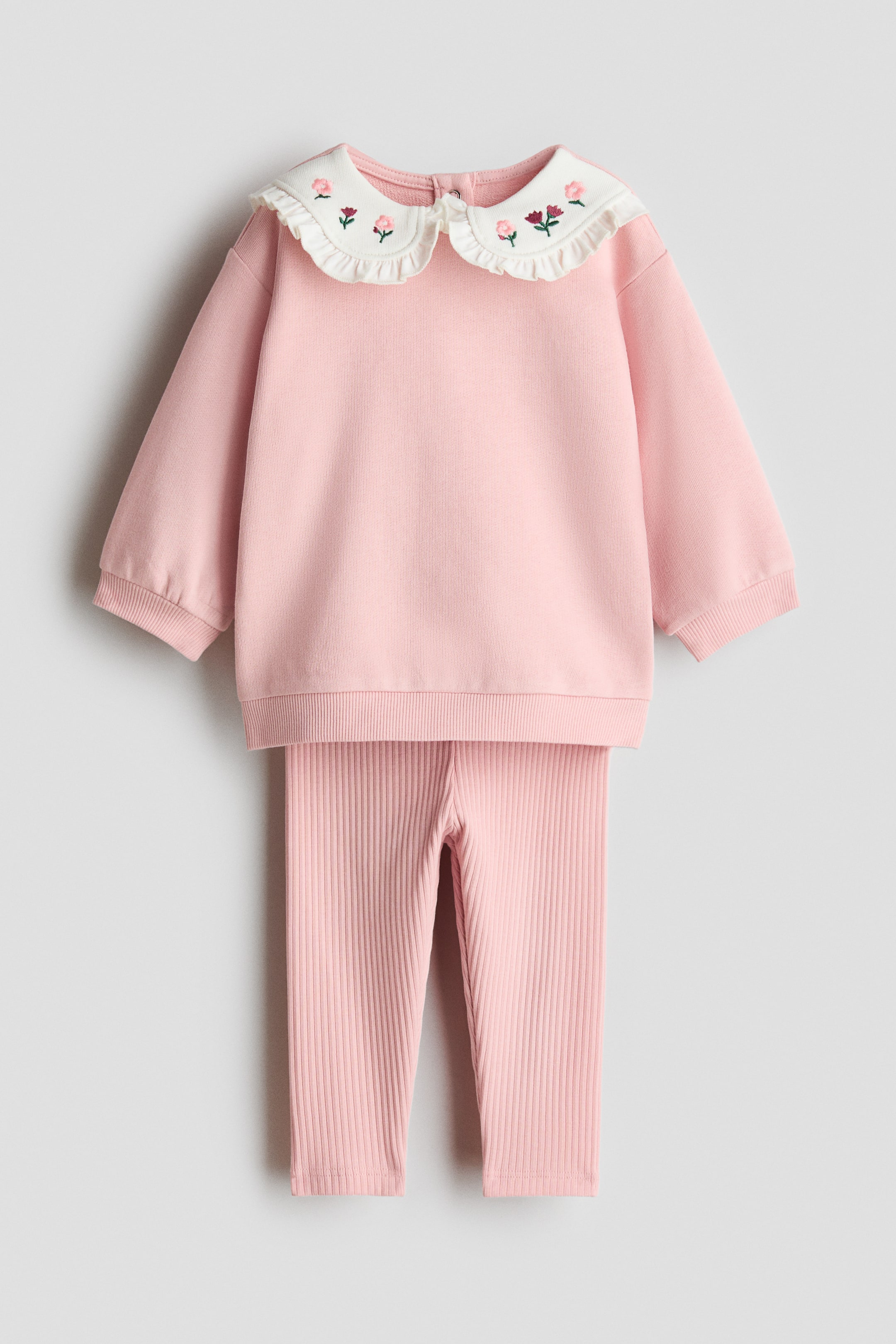 Vezi imaginea mai mare: Un set este prezentat cu un top de trening roz și colanți din jersey cu nervuri asortați, ambele orientate spre față. Topul are un guler alb cu volane și imprimeuri florale brodate, capse la spatele gulerului, umeri lasati și manșete și tiv cu nervuri. Colanții au o textură cu nervuri.
