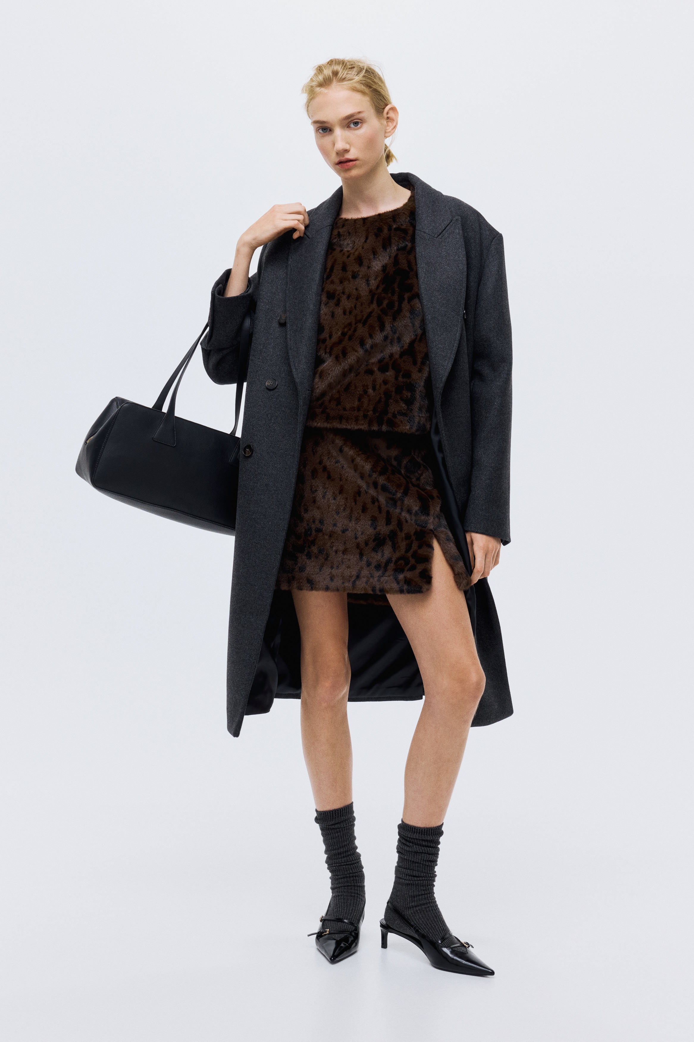 Mini suknja od čupavog materijala - Tamnosmeđa/leopard dezen