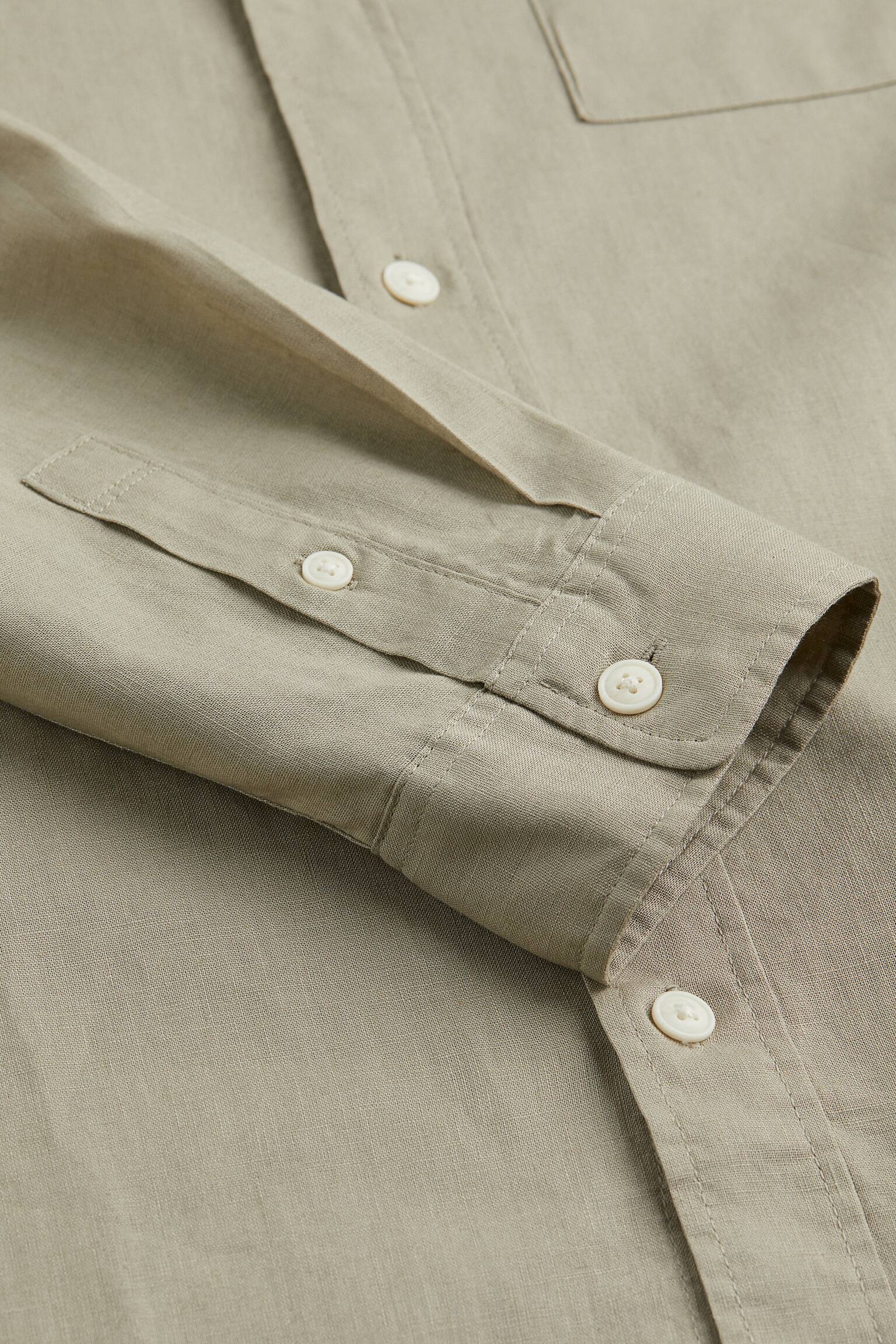 Relaxed Fit Linen Blend Shirt - Light khaki green/Light beige/White - 2