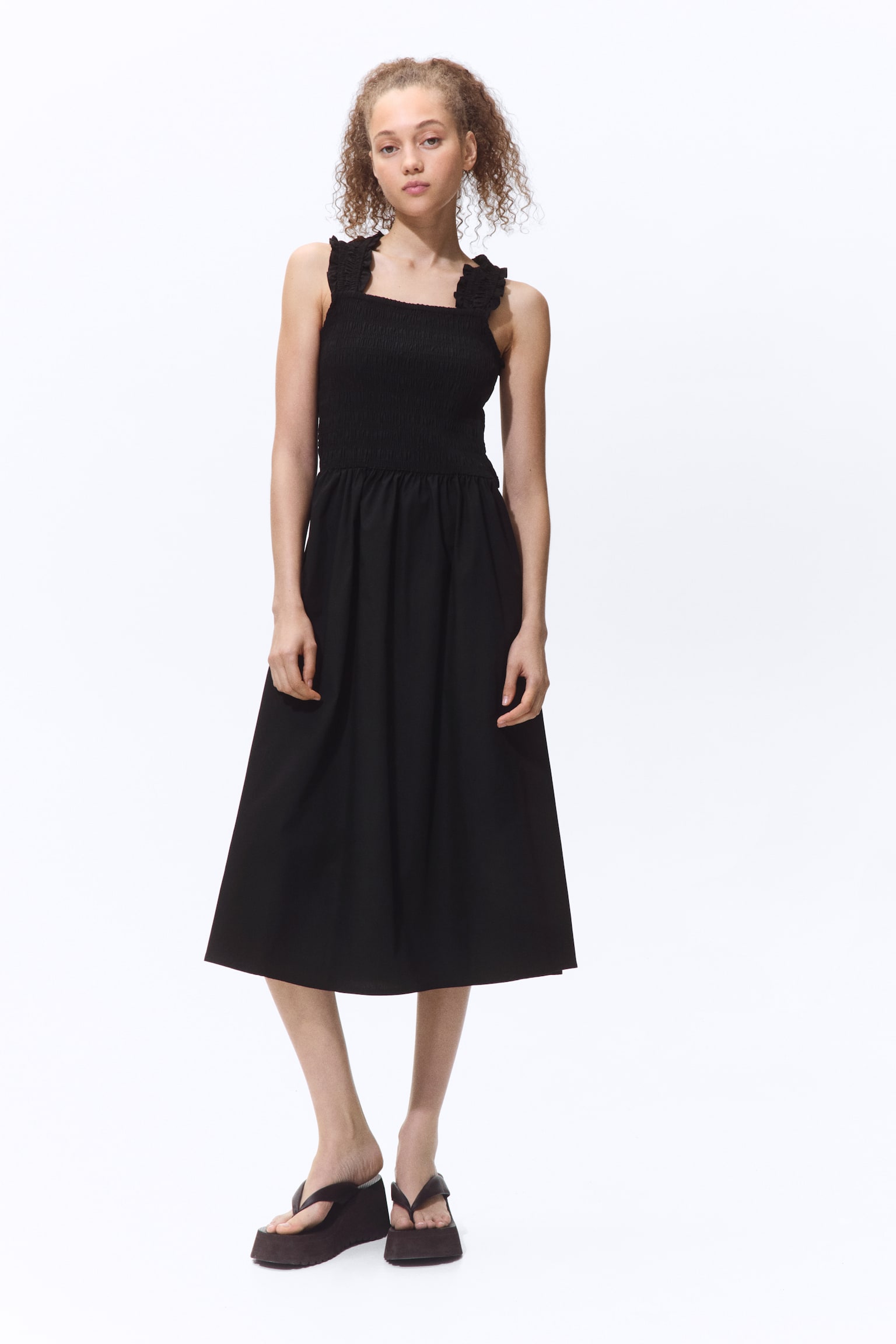 Smocked poplin dress - Black/White/Light blue - 1