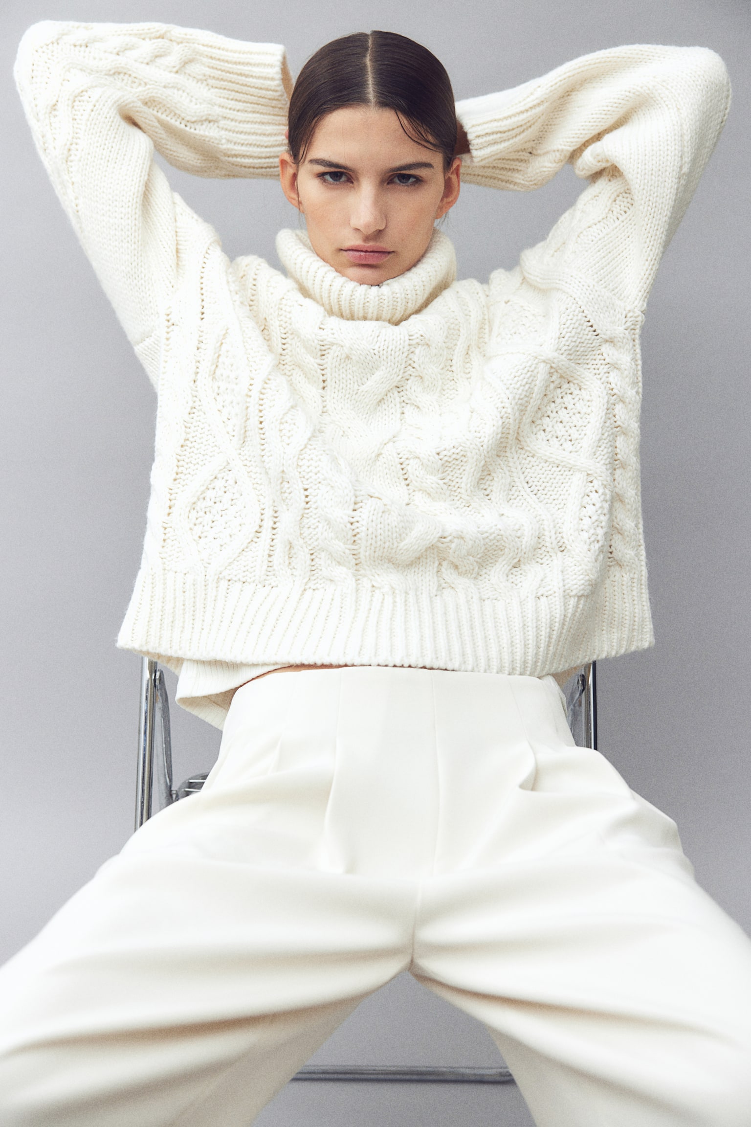 Cable-knit polo-neck jumper - White/Beige - 1