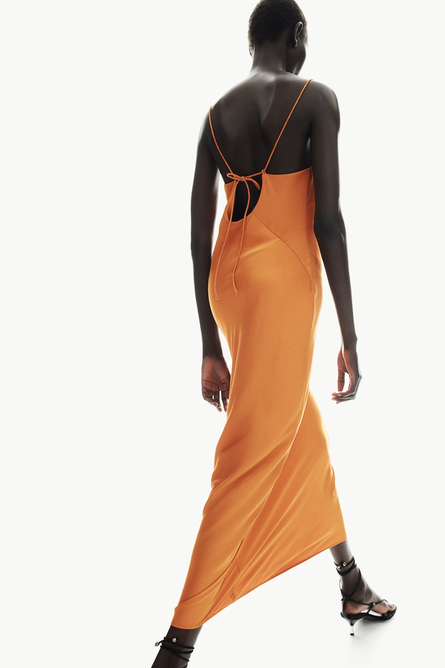 Open Back Satin Dress - Orange/Cream/Black - 3