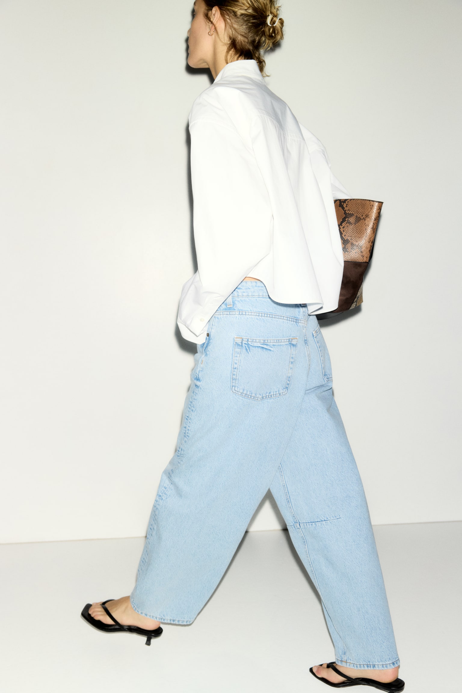 Barrel High Waist Ankle Jeans - Ανοιχτό μπλε denim/Μπεζ/λεοπάρ μοτίβο - 1
