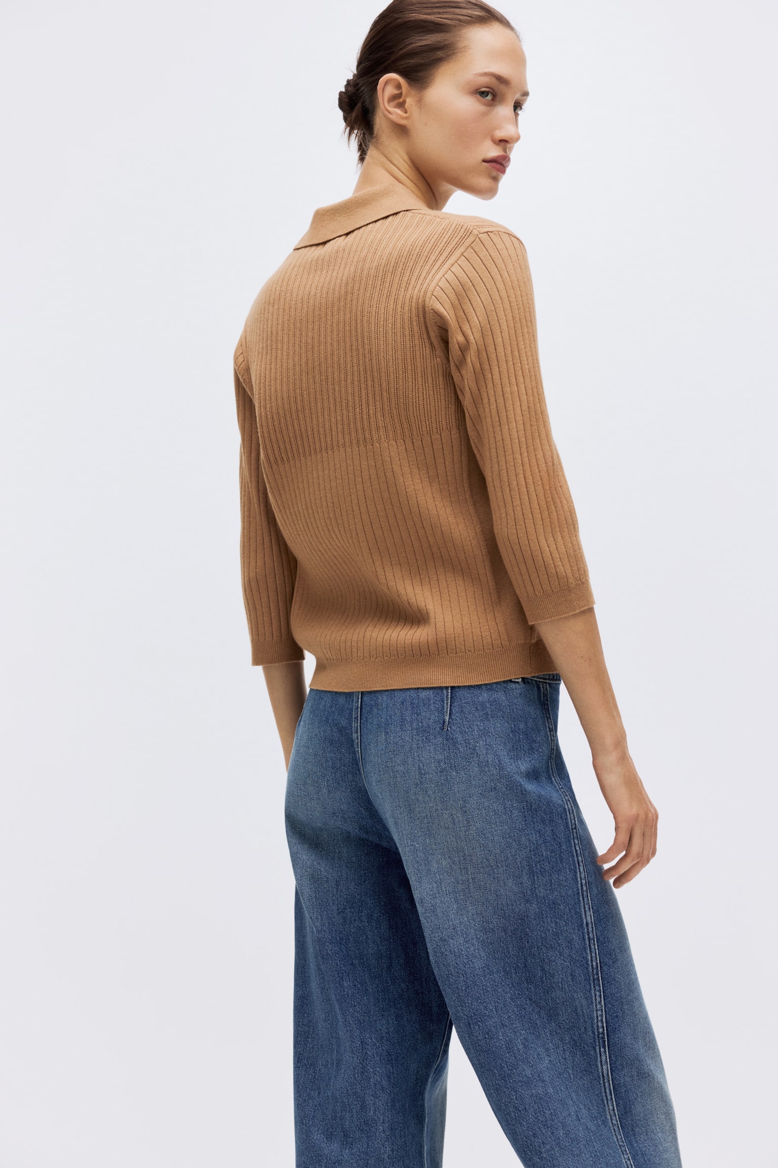 חולצת סריג ריב - בז' כהה/כחול נייבי - 5