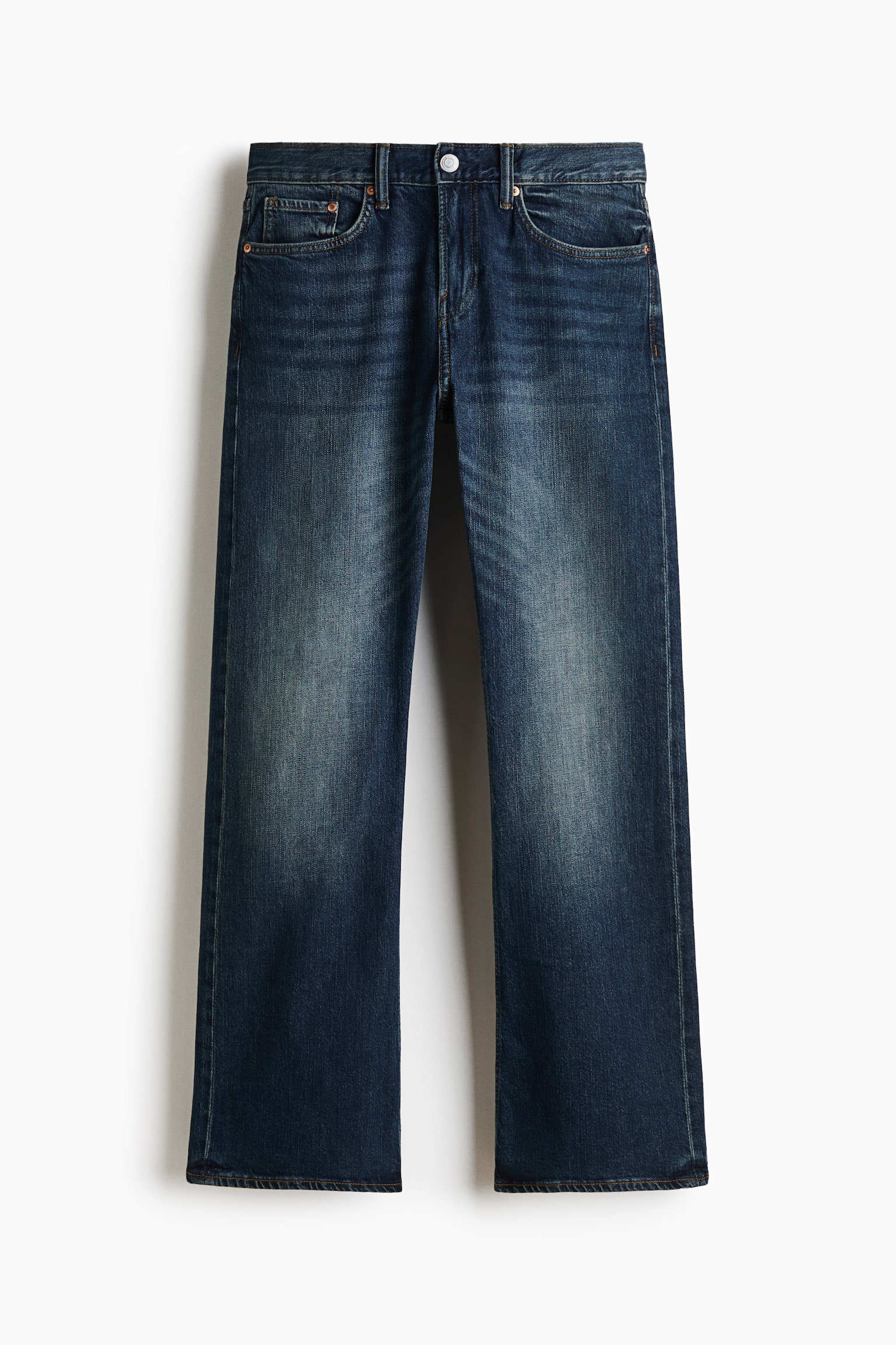These dark blue wash denim jeans are shown from the front, displaying a straight-leg silhouette with faded detailing on the thighs. The design features a classic five-pocket layout, belt loops, and a silver-tone button fastening at the waistband.