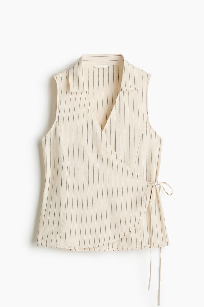 Linen-blend wrap top - Light beige/Striped - 1