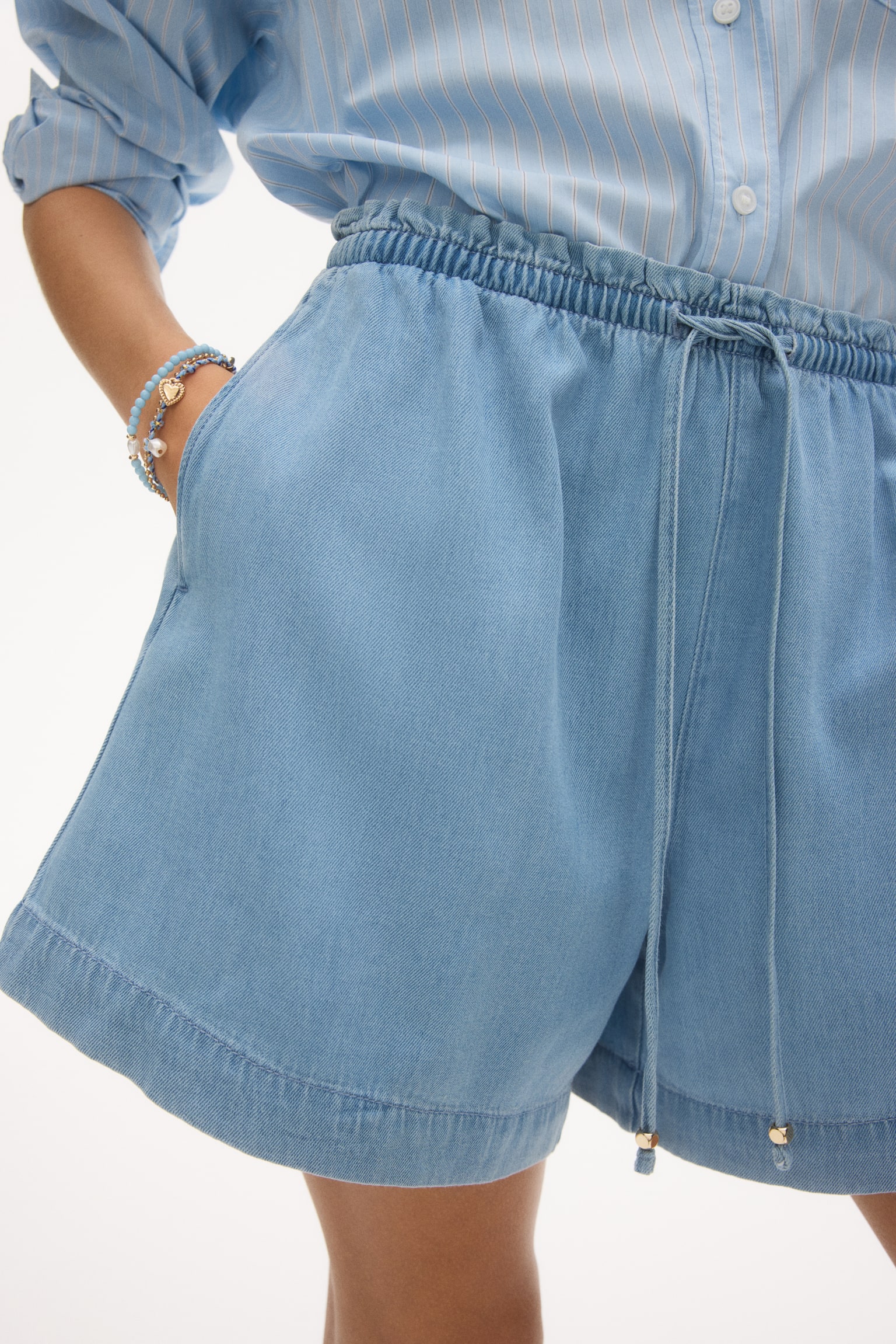 Denim drawstring shorts-Light denim blue - 4
