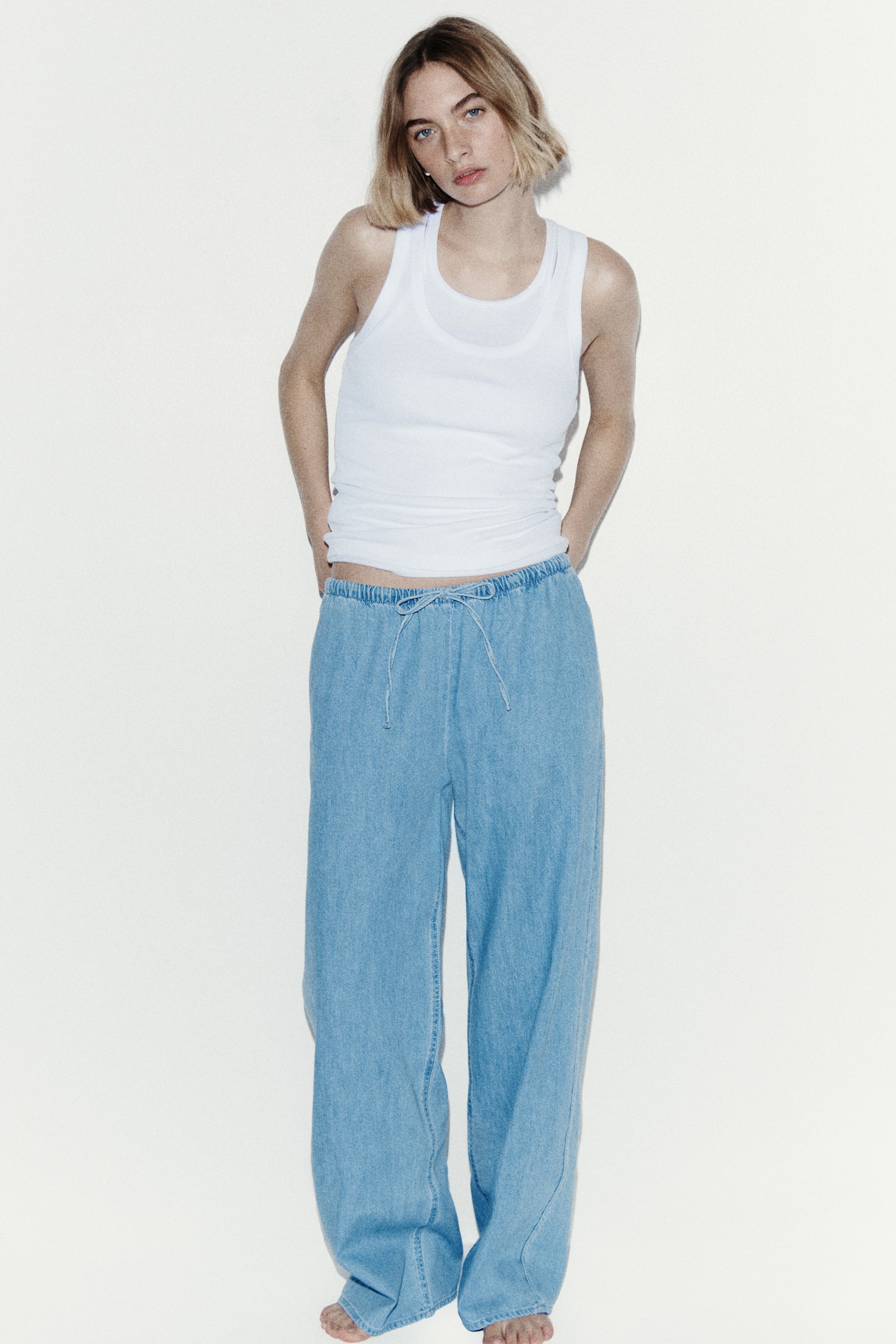 Denim drawstring trousers - Light denim blue/Dark denim blue/White/Denim blue