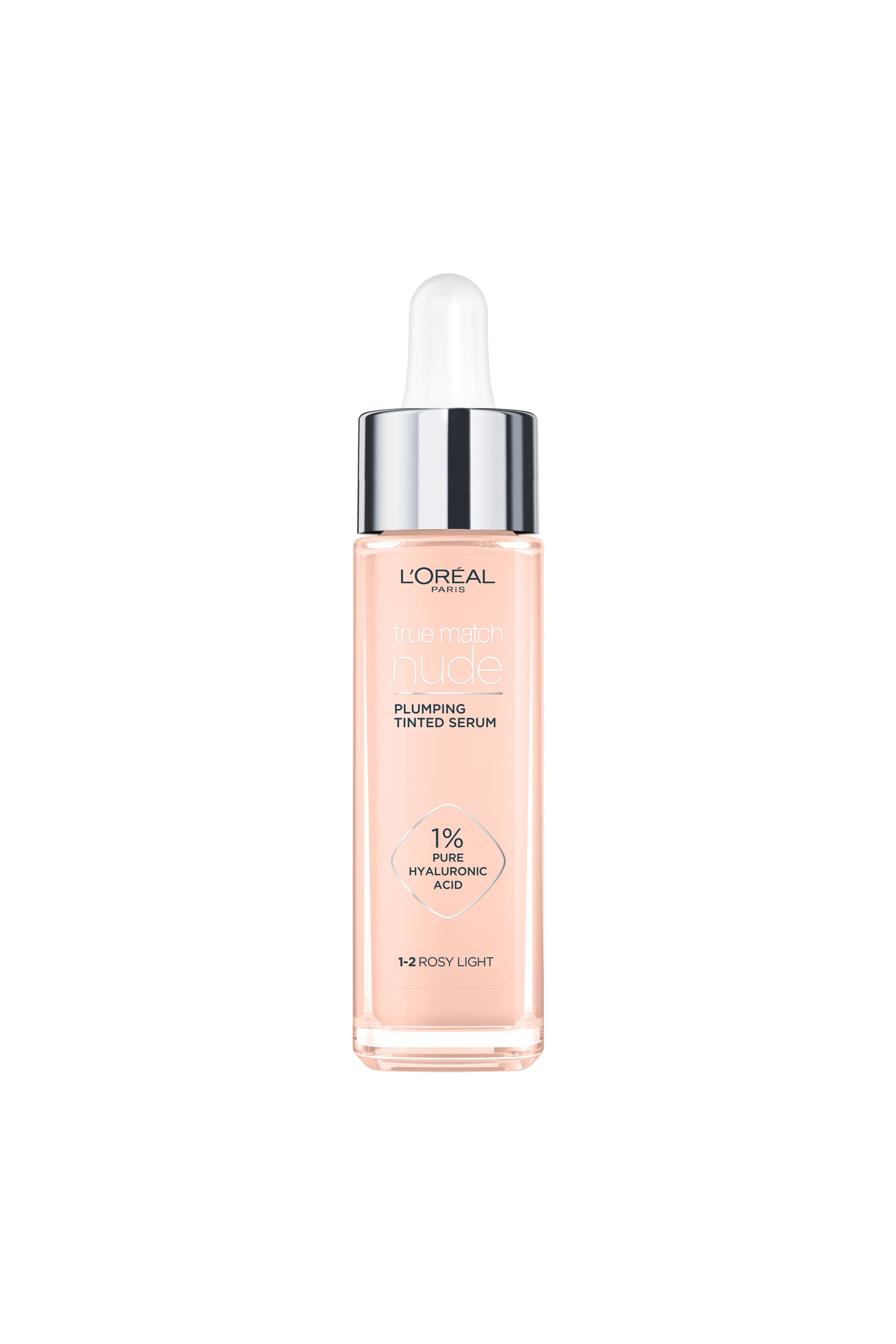 Visa större bild: En rektangulär, genomskinlig glasflaska med L'Or�al True Match Nude Plumping Tinted Serum står upprätt och vänd framåt, fylld med en ljus persikorosa vätska. Den har ett silverfärgat lock med en vit droppapplikator, och på framsidesetiketten står 'L'OR�AL PARIS', 'true match nude', 'PLUMPING TINTED SERUM', '1% PURE HYALURONIC ACID' och '1-2 ROSY LIGHT'.
