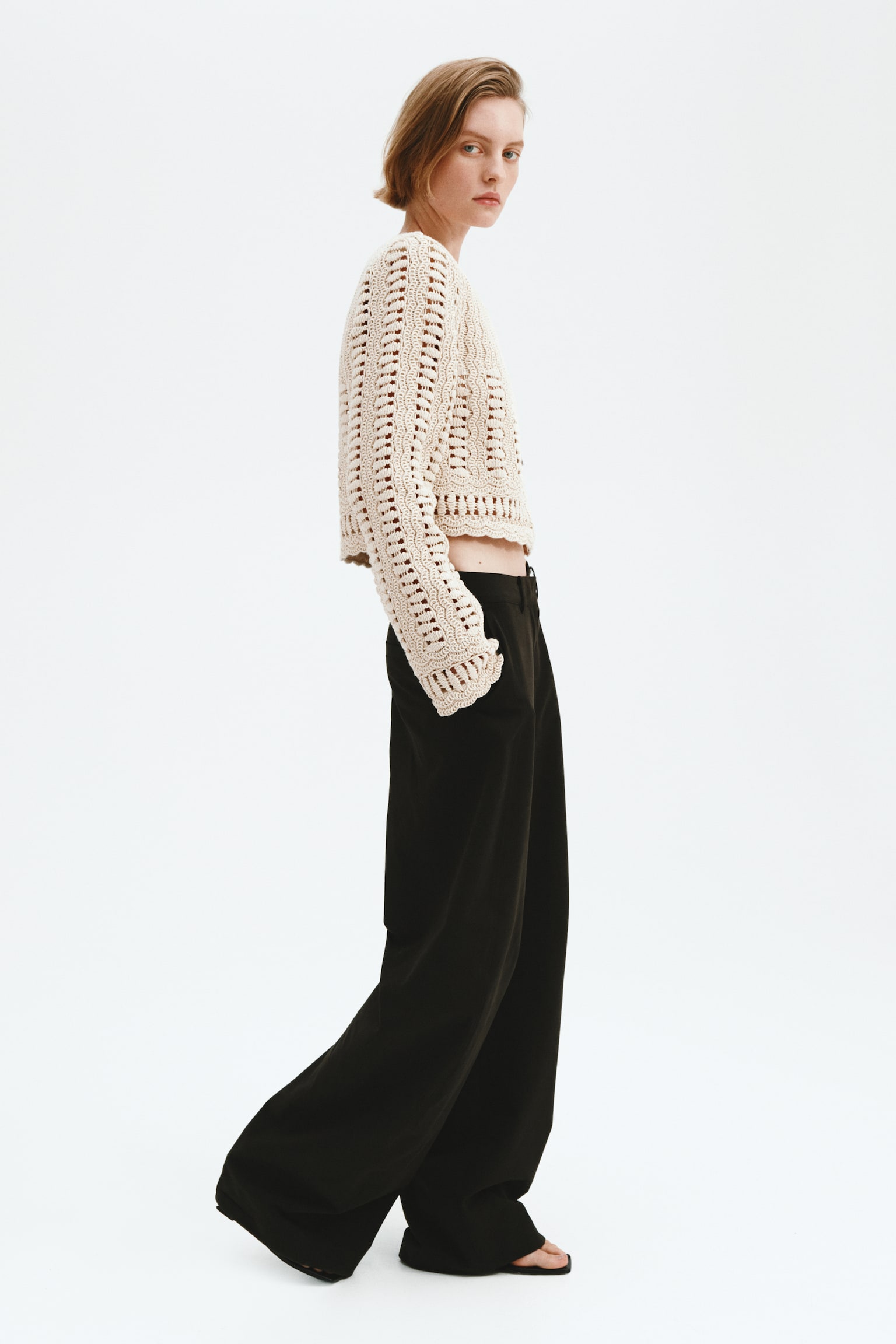 Crochet-look cotton jacket - Cream - 7