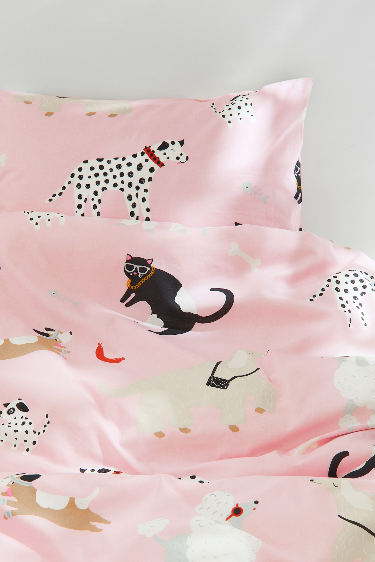 Conjunto de capa de edredão para cama individual - Rosa claro/Gatos e cães - 1