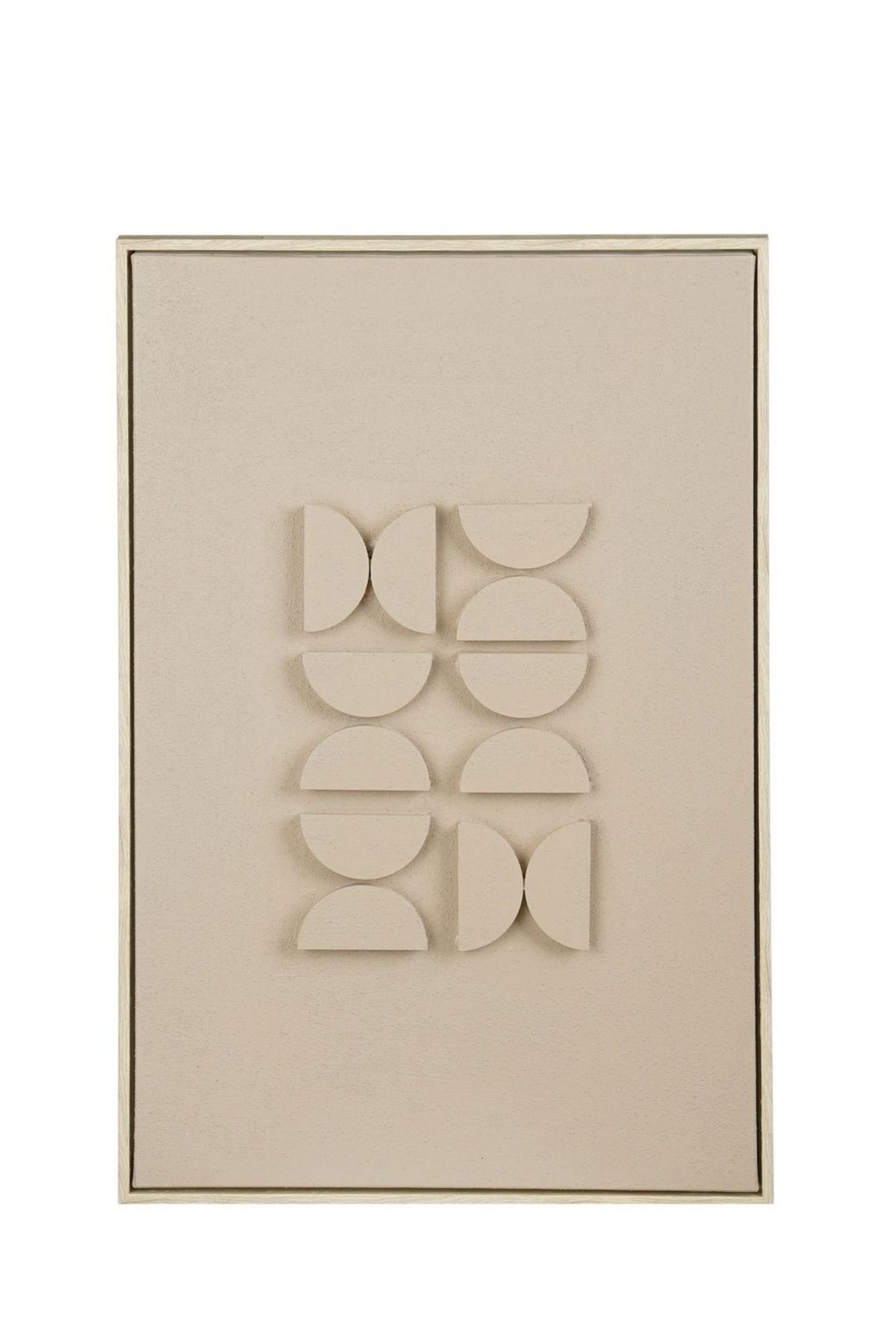Agrandir l'image: Une œuvre d'art abstraite encadrée présente un panneau rectangulaire texturé de couleur beige clair, affichant une grille de formes semi-circulaires en relief formant divers motifs abstraits, le tout encadré dans un cadre fin de ton clair.
