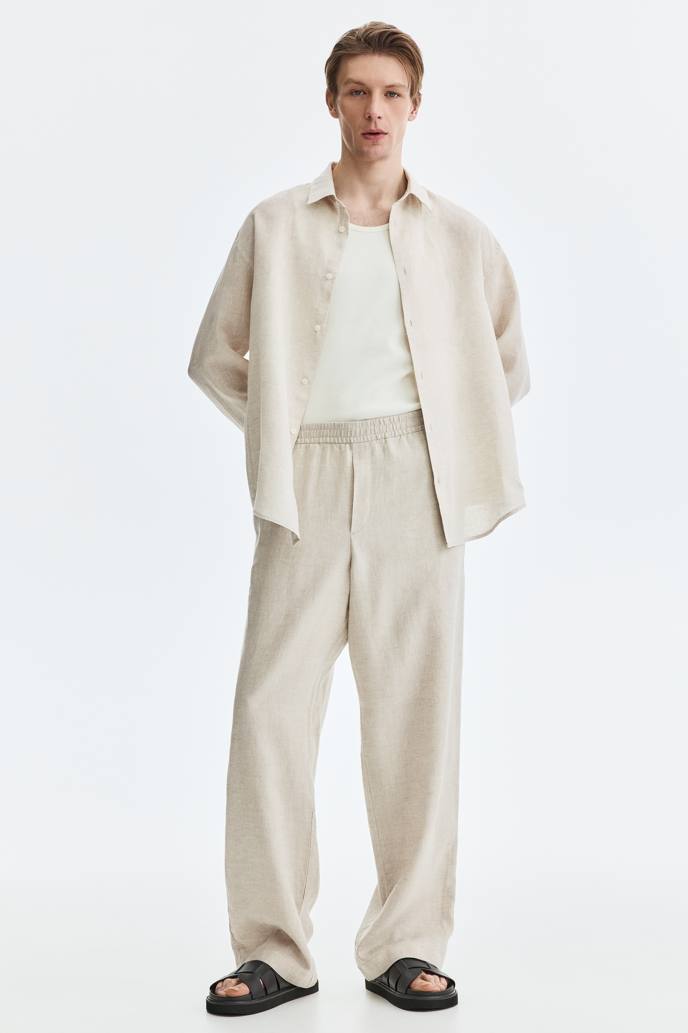 Pantaloni in lino Loose Fit - Beige chiaro/Crema/Nero