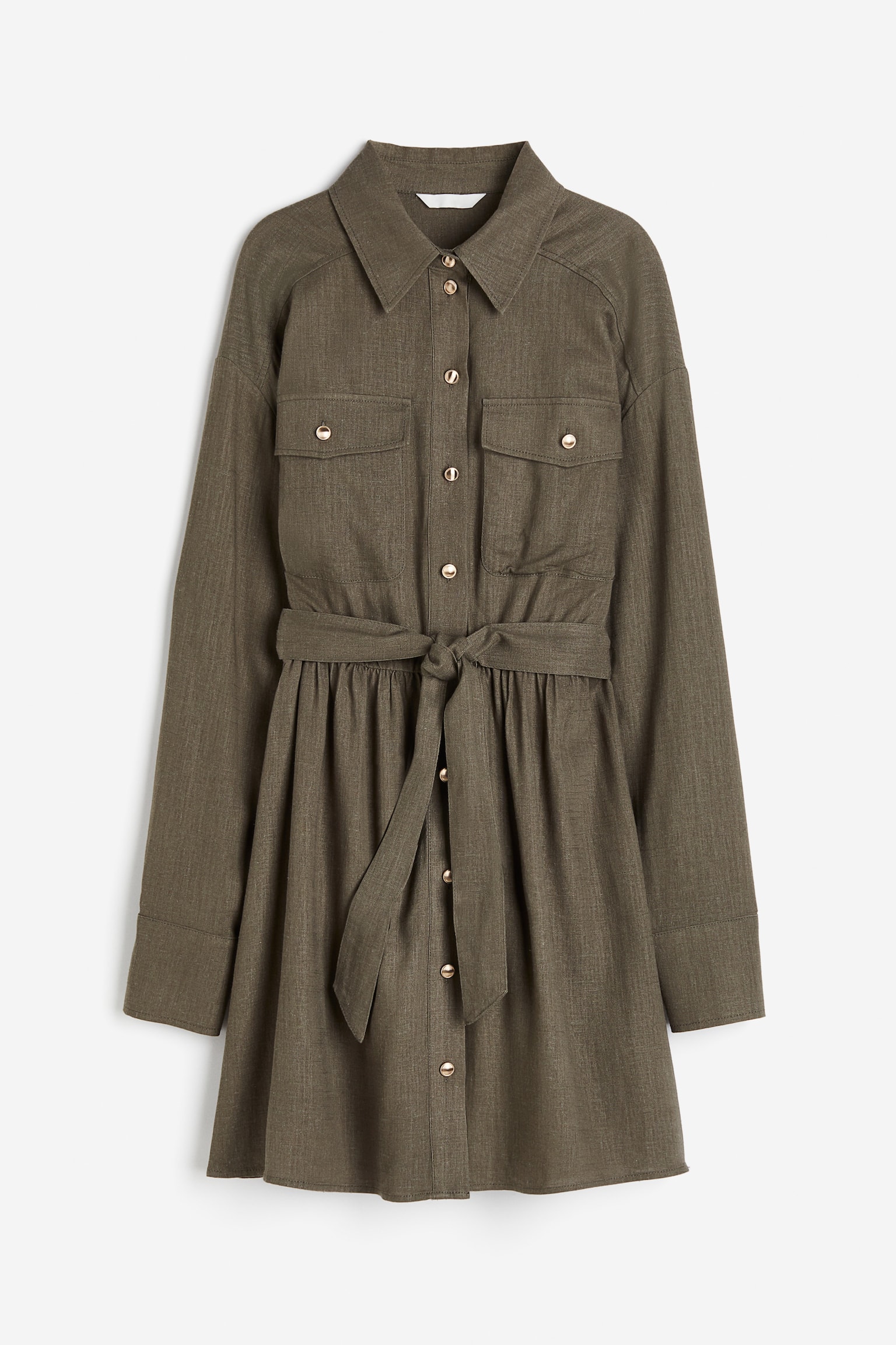 Linen Blend Shirt Dress - Dark khaki green - 2