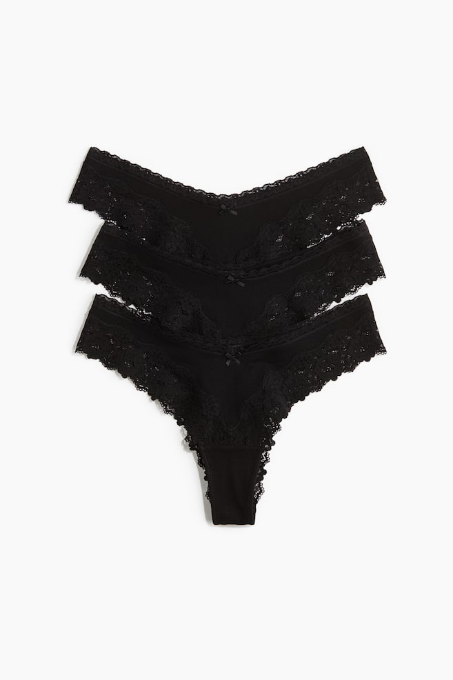 Pack de 3 bragas Brazilian de algodón y encaje - Negro/Blanco/Azul claro/Negro - 1