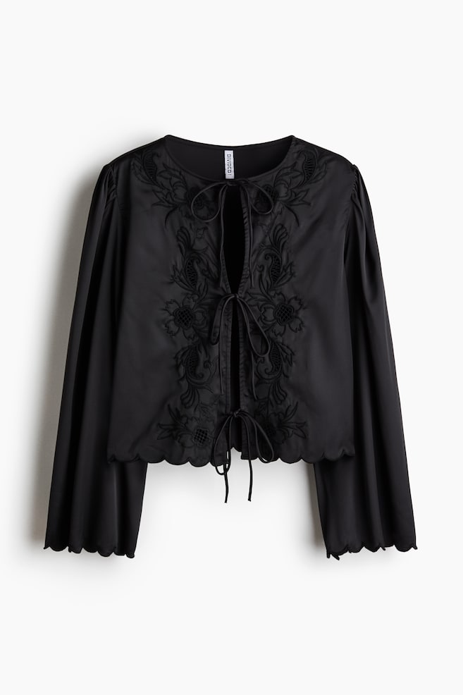 Tie-Front Satin Blouse - Black - 1