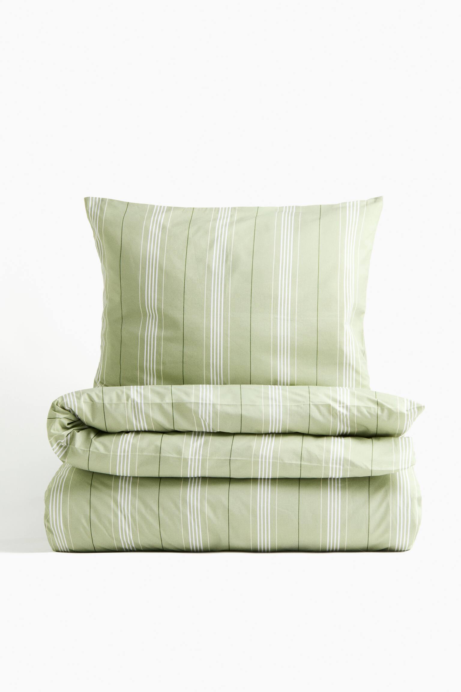 Cotton percale single duvet cover set - Green/Striped/Light blue/Striped
